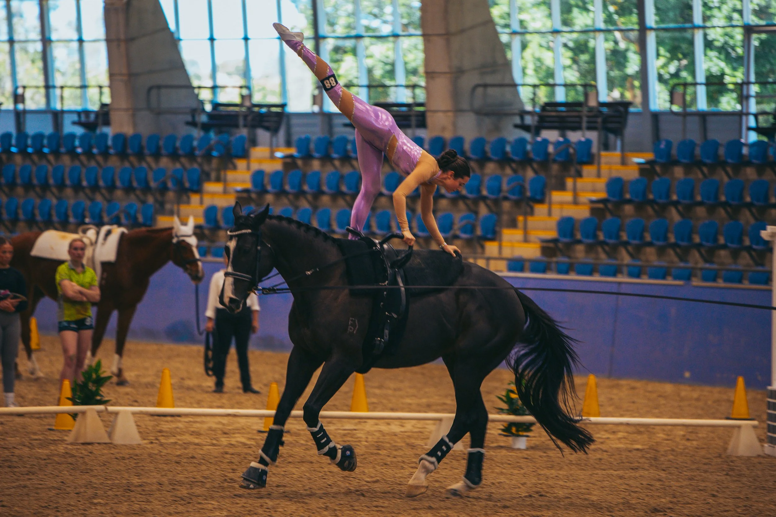 A female gymnast in a pink and yellow costume performs a handstand on a horse during an indoor equestrian show, with onlookers and another horse in the background.