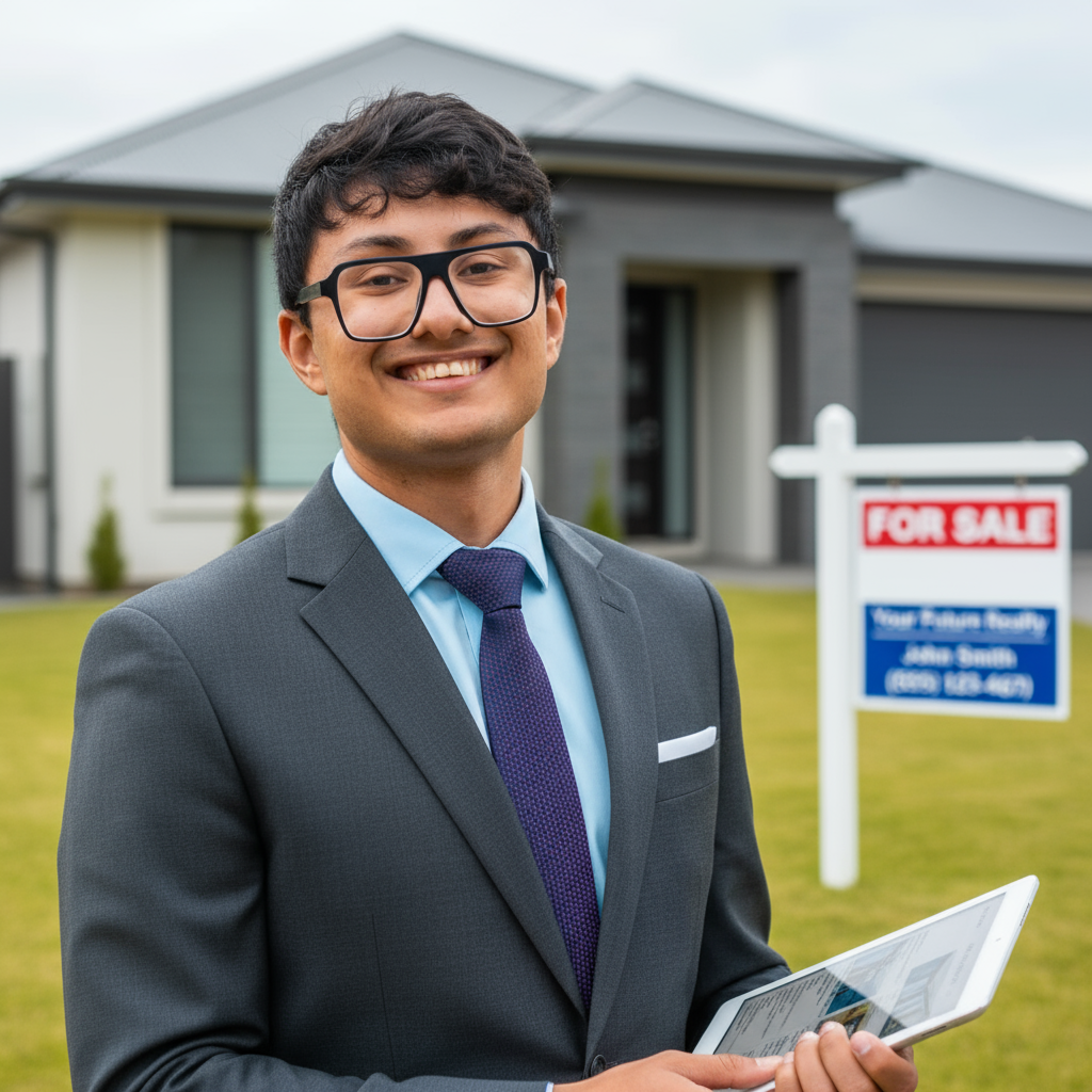 A young man in a suit and tie standing outdoors in front of a house with a 'For Sale' sign, holding a tablet and smiling.