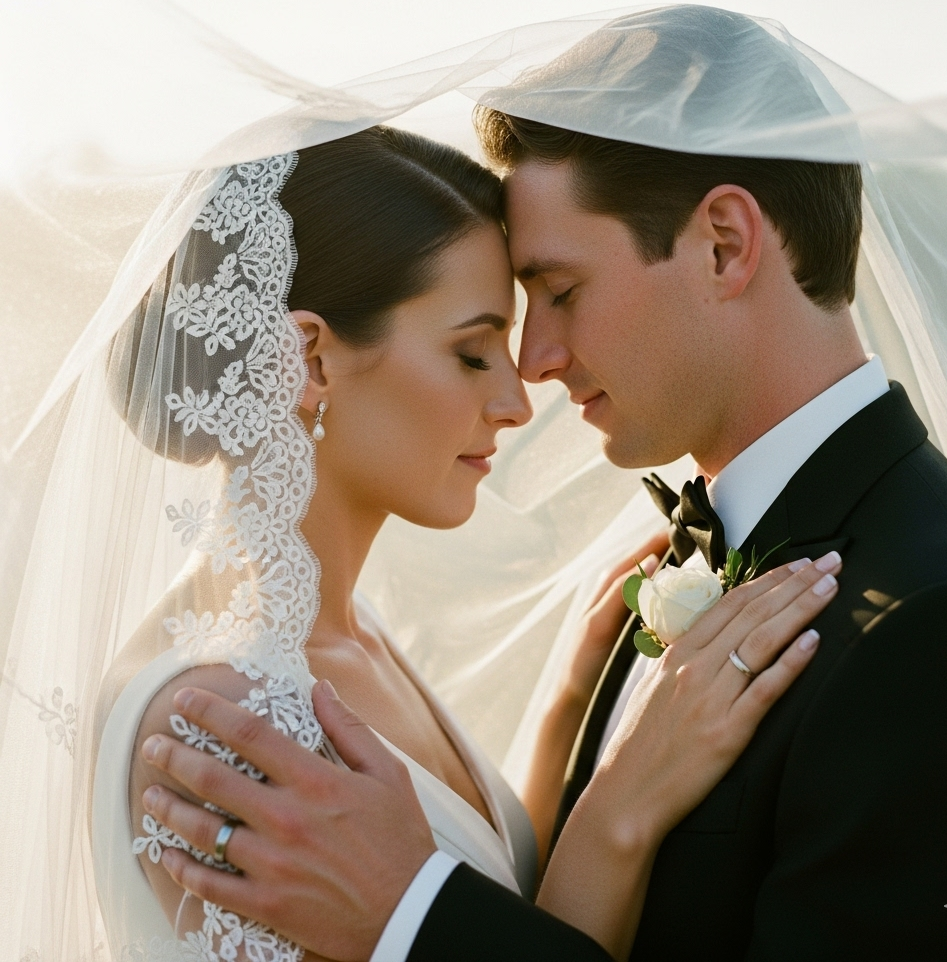 A bride and groom kiss with their foreheads touching, embracing under a bridal veil outdoors during sunset.