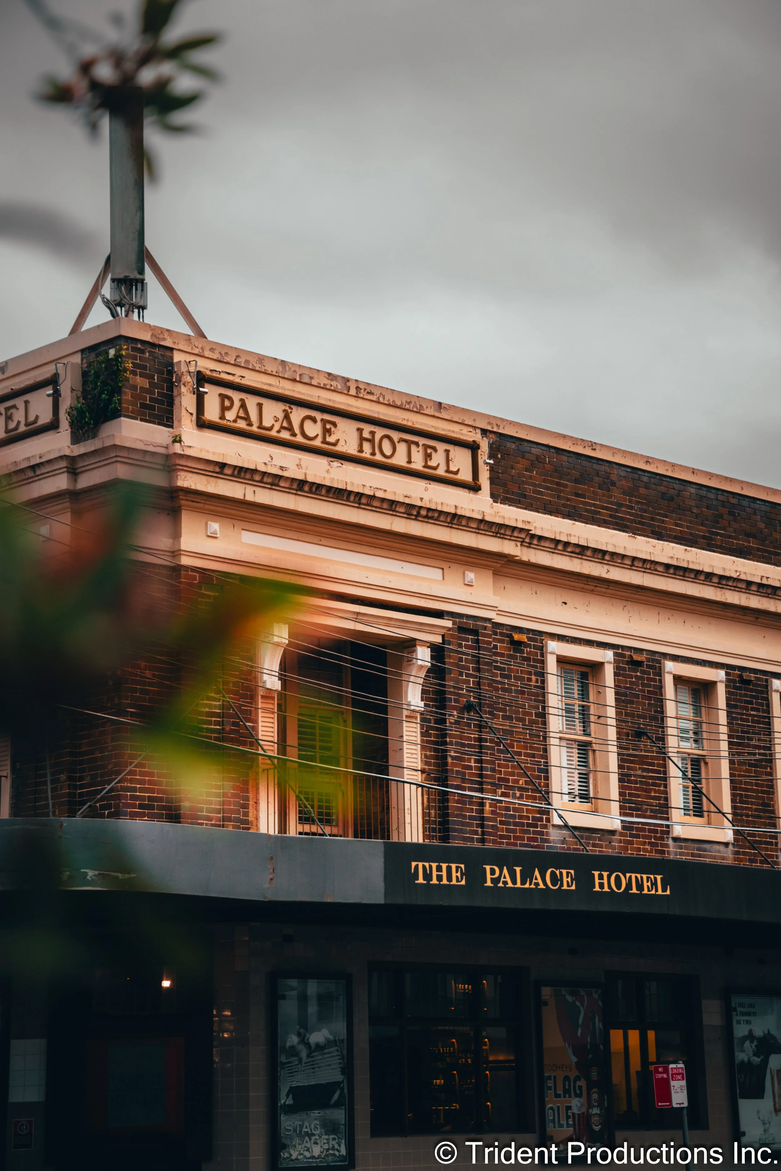 Close-up of the exterior of The Palace Hotel showing the brick building, windows, and a sign that reads 'PALACE HOTEL'.