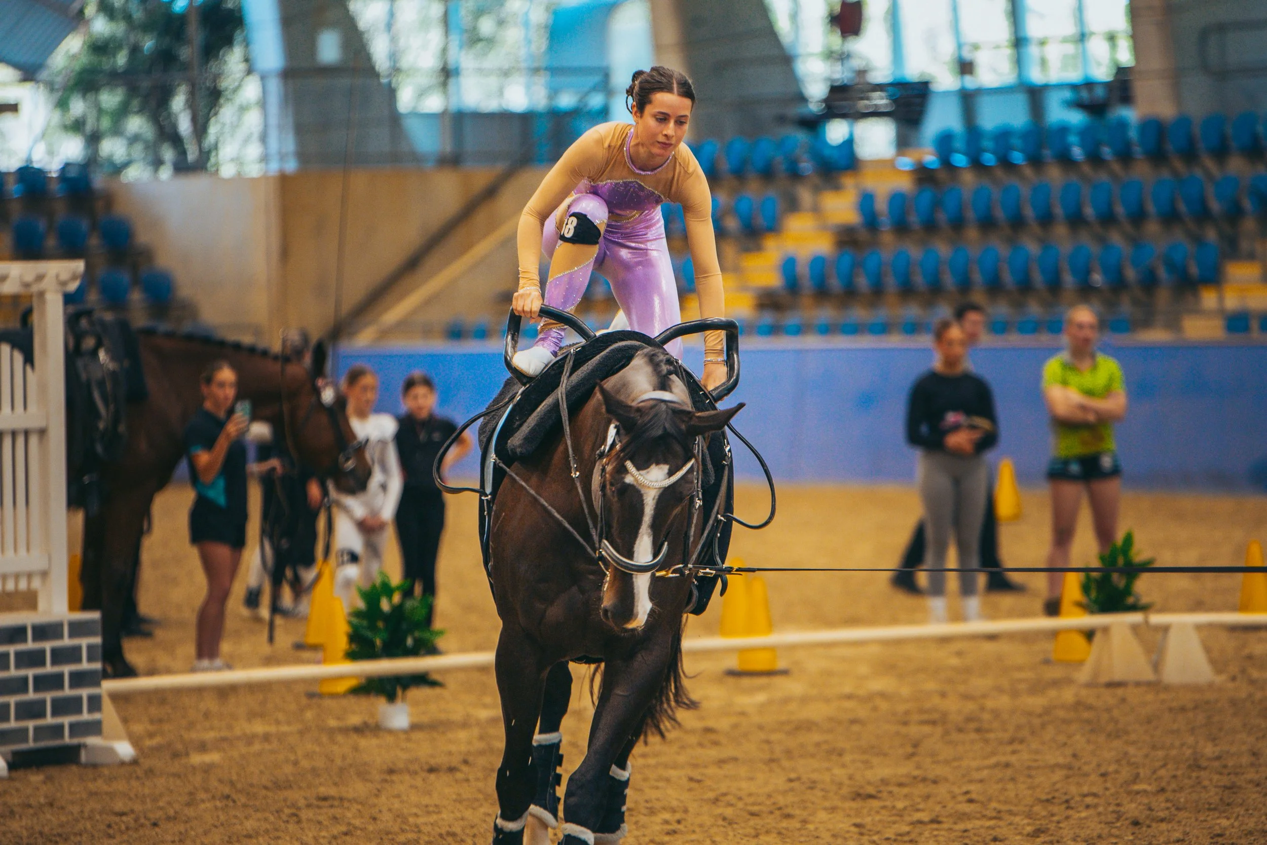 A female equestrian performing a stunt on a horse indoors. The rider is wearing a purple and beige outfit and is balancing on the horse while holding the reins. Spectators and officials are watching in the background.
