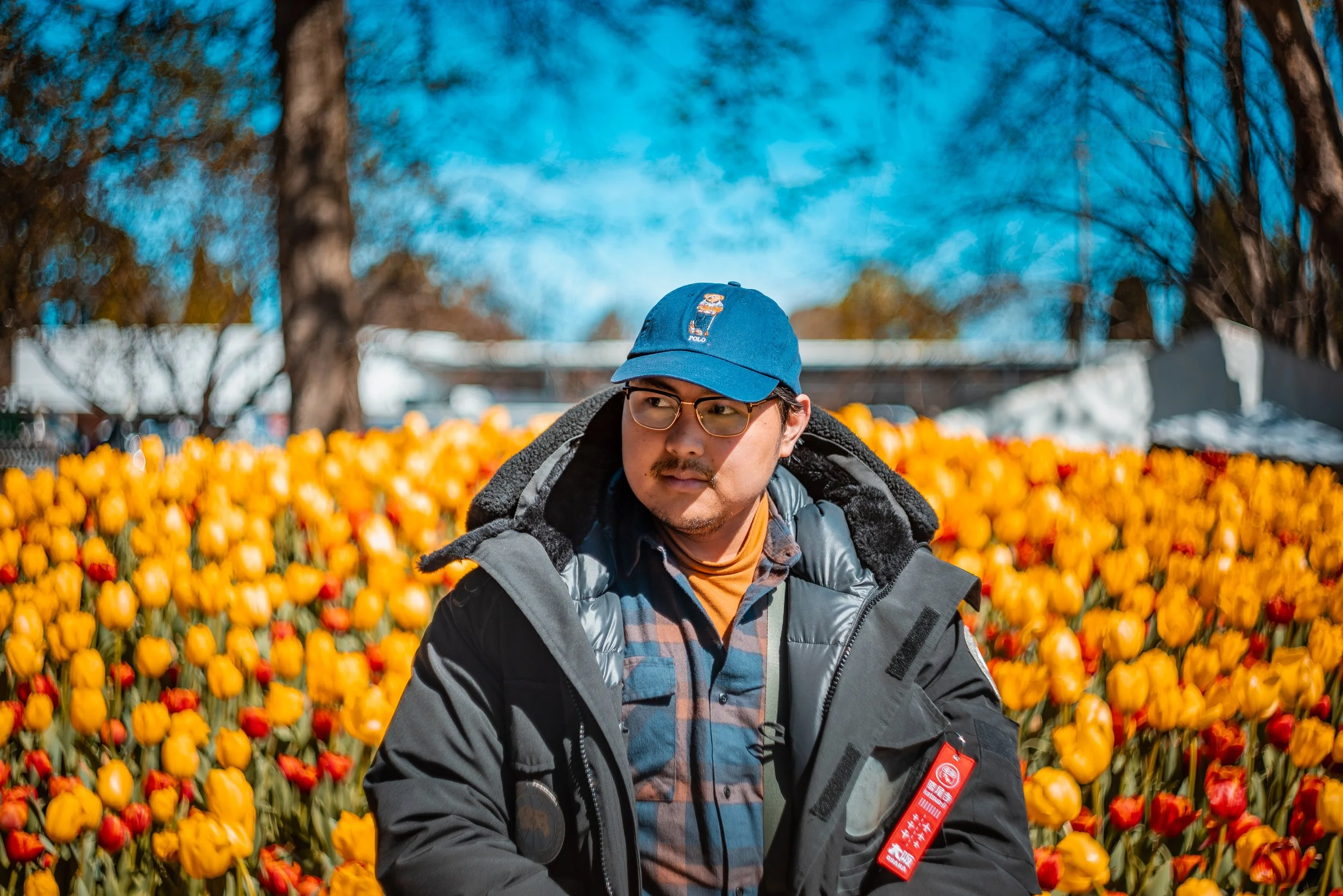 A man wearing glasses, a blue cap, and a winter jacket stands in front of a field of yellow tulips on a sunny day.