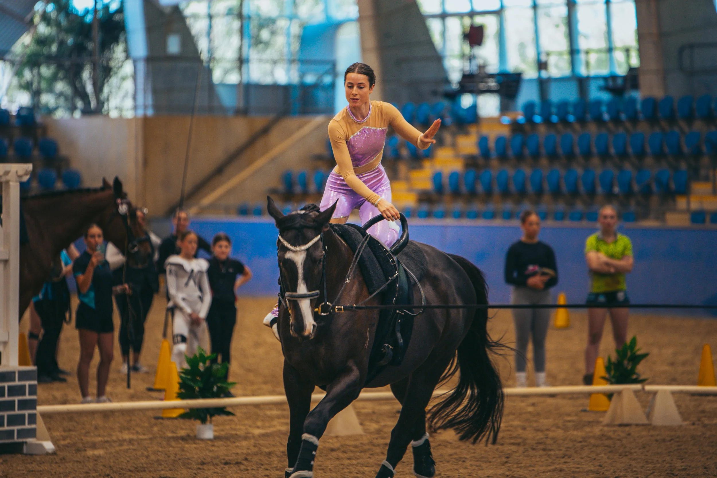 A female equestrian dressed in a purple and beige outfit performs tricks on a black horse inside an indoor arena. Several spectators watch from the background.