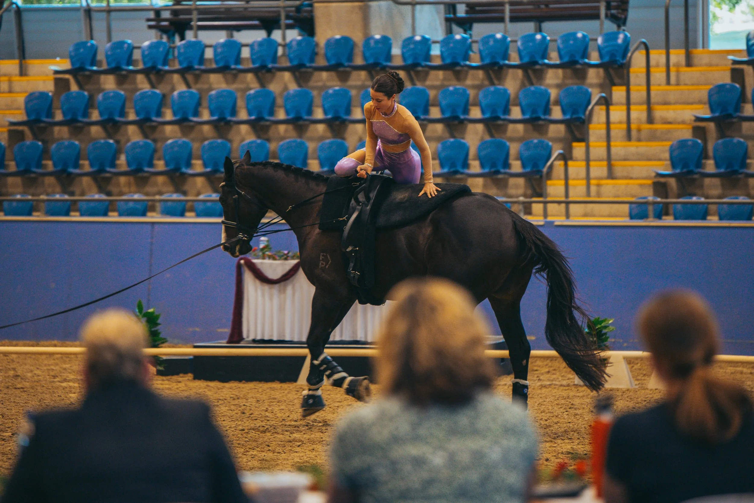 A woman performing a dressage routine on a black horse inside an indoor arena with blue empty seats in the background, while three judges observe at a table in the foreground.