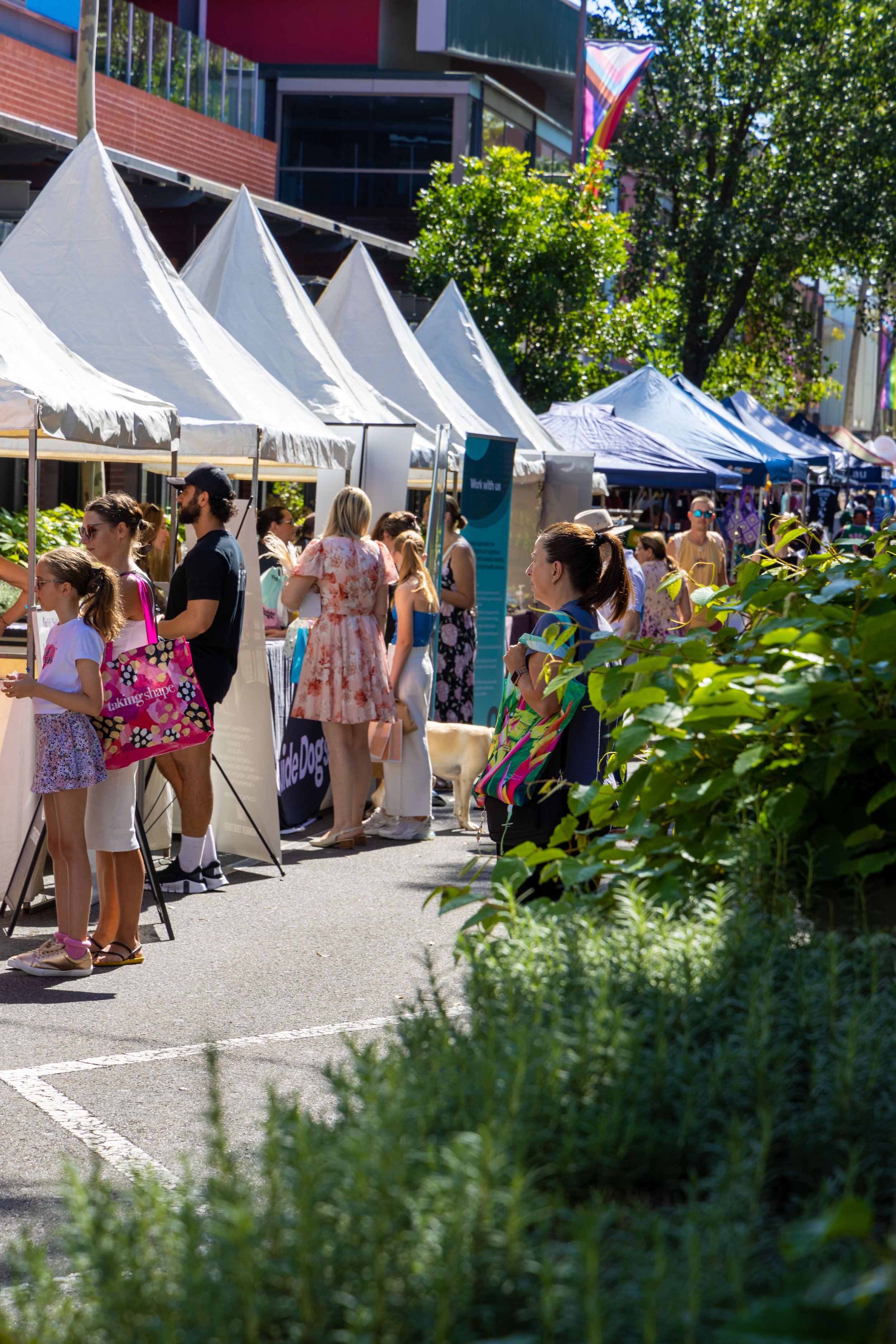 People browsing outdoor market stalls under white tents on a sunny day, with trees and a modern building in the background.