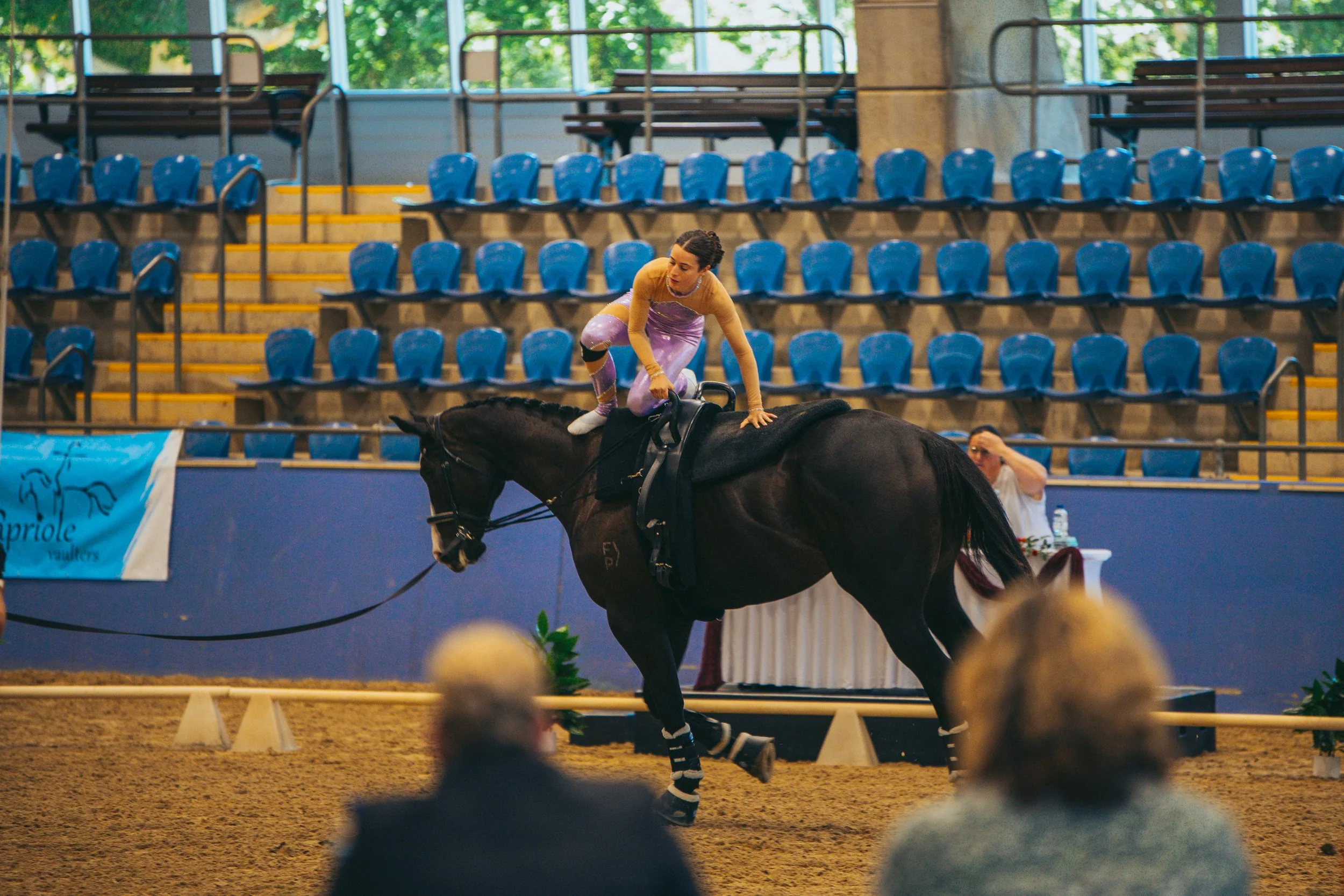 A woman in lavender attire is performing an equestrian stunt on a black horse inside an indoor arena with blue seating and spectators watching.
