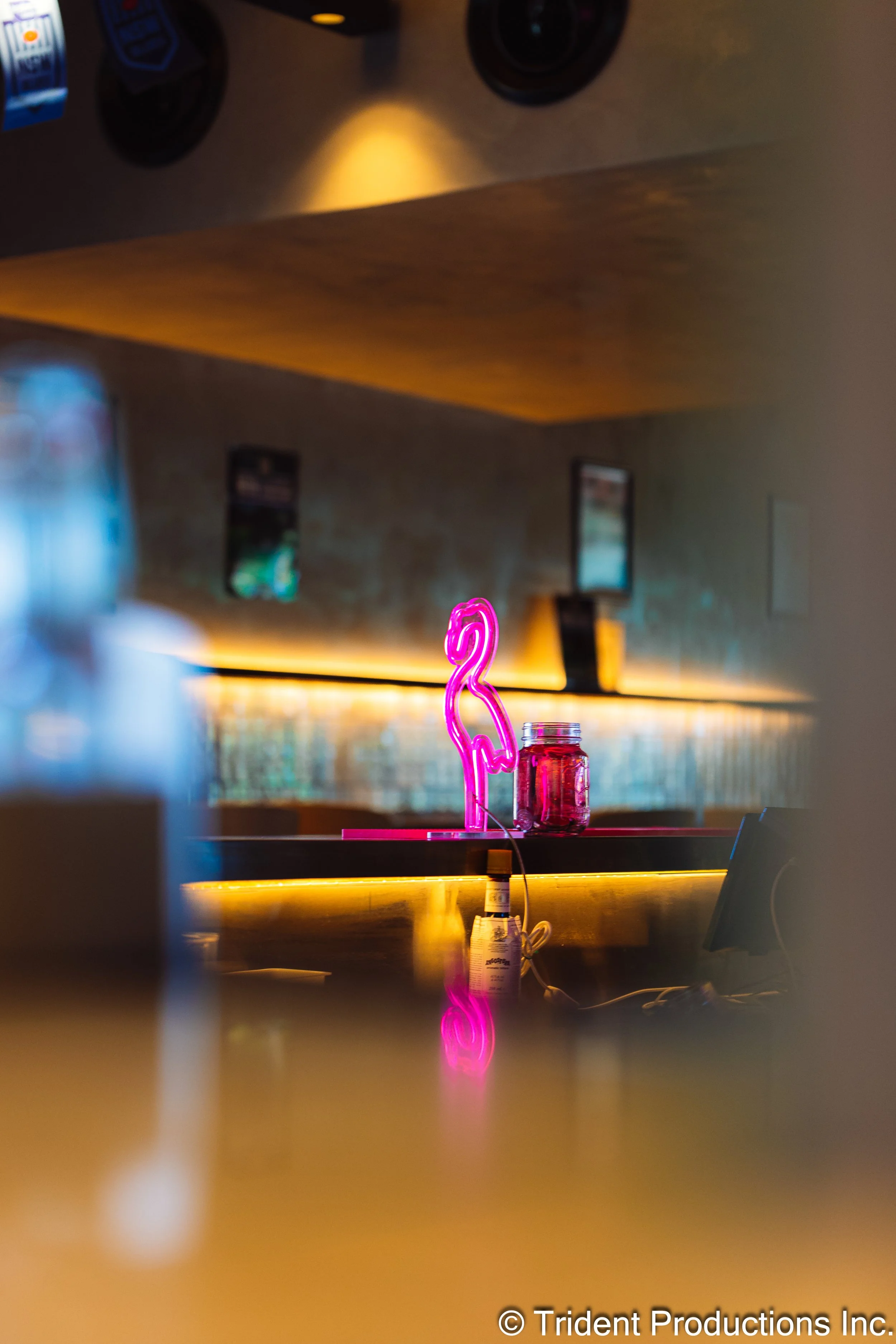 A pink neon flamingo light on a bar counter reflects in a glass jar and nearby surface, with warm ambient lighting in the background.
