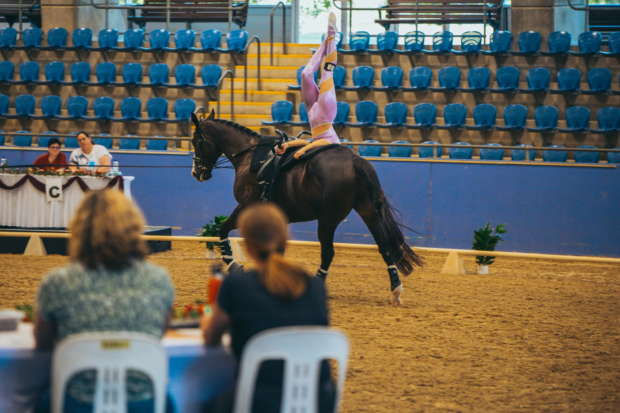 A gymnast performing a handstand on a horse in an indoor arena, with spectators and judges watching.