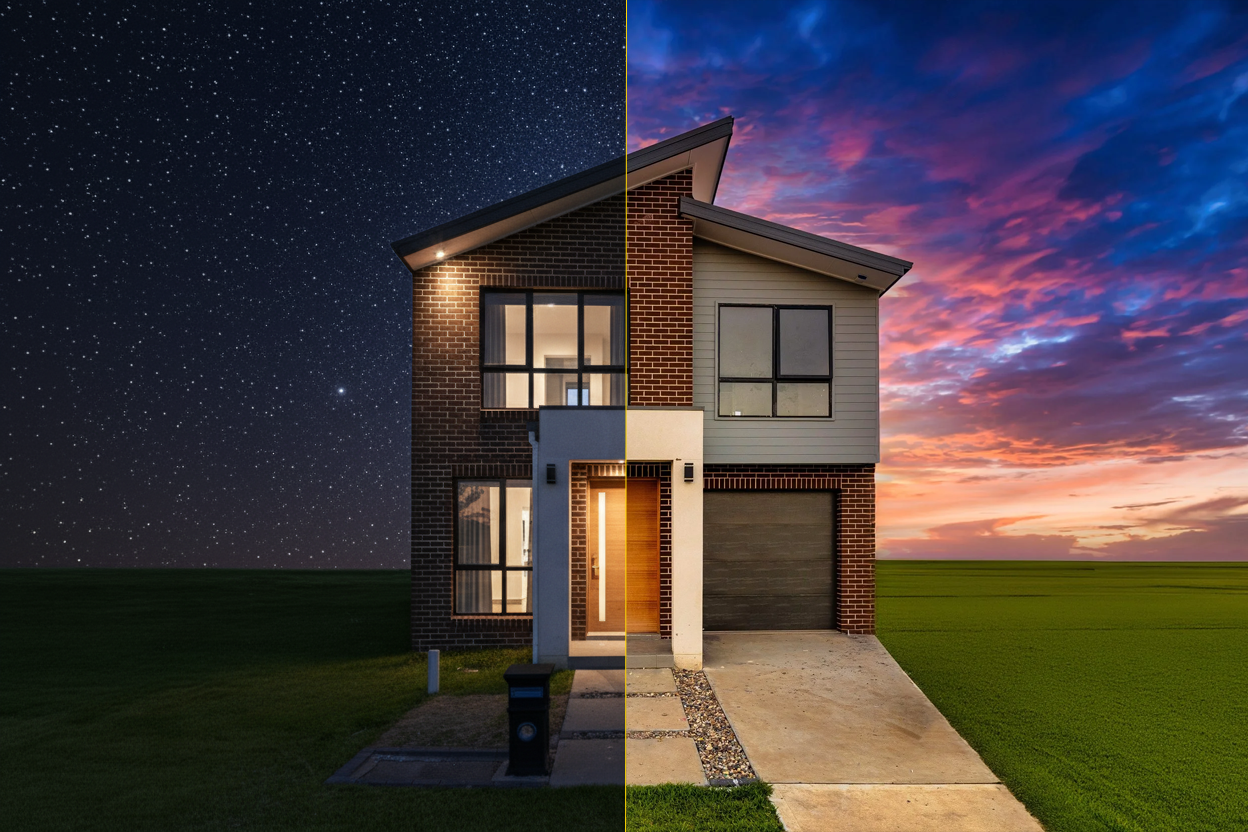 A split view of a two-story house during night and sunset. The night side shows a starry sky, with the house illuminated from within. The sunset side displays a vibrant sky with orange, pink, and purple hues, with the house still lit from inside.