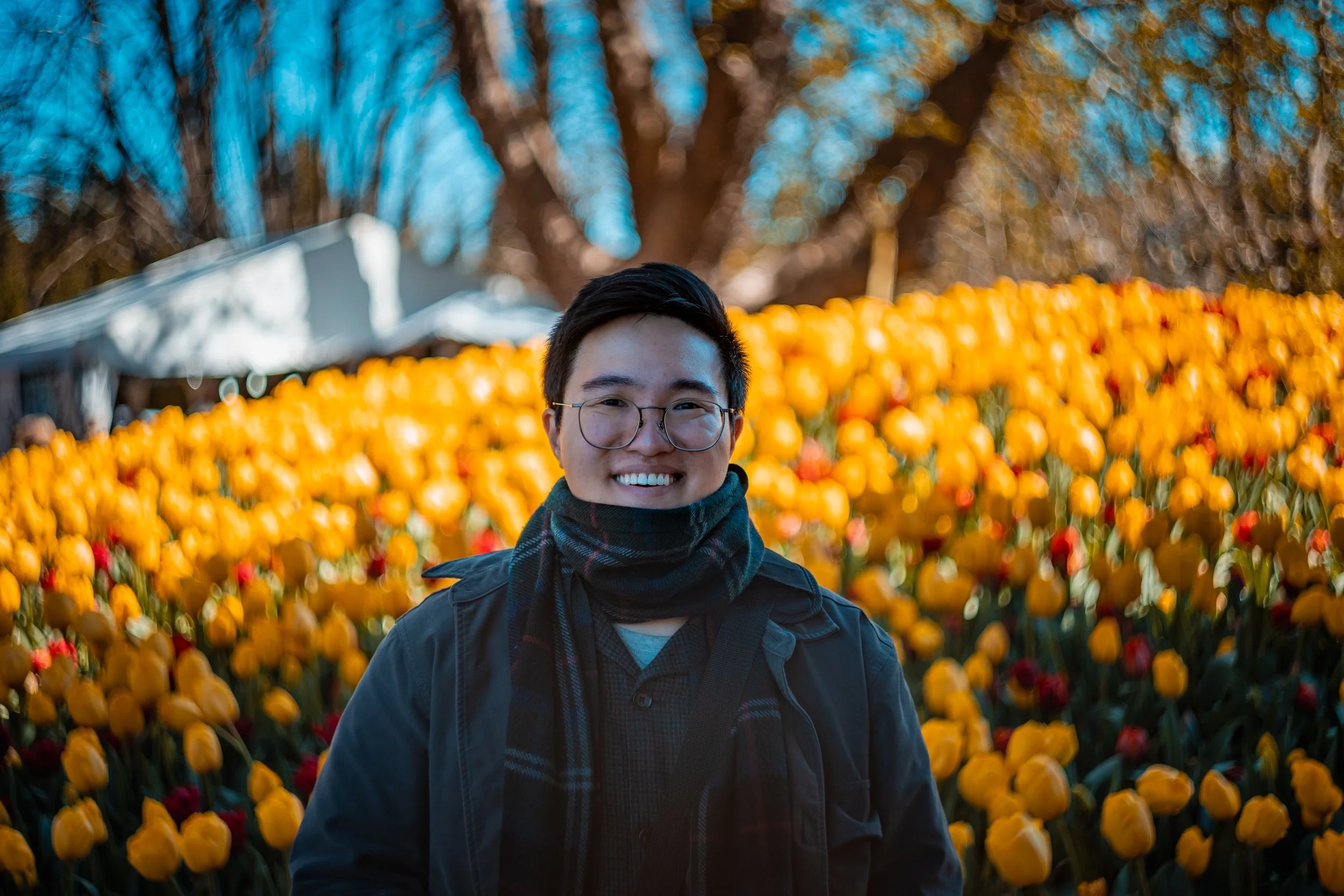 A person smiling and wearing glasses, a plaid scarf, and dark jacket, standing in front of a field of yellow tulips with autumn trees in the background.