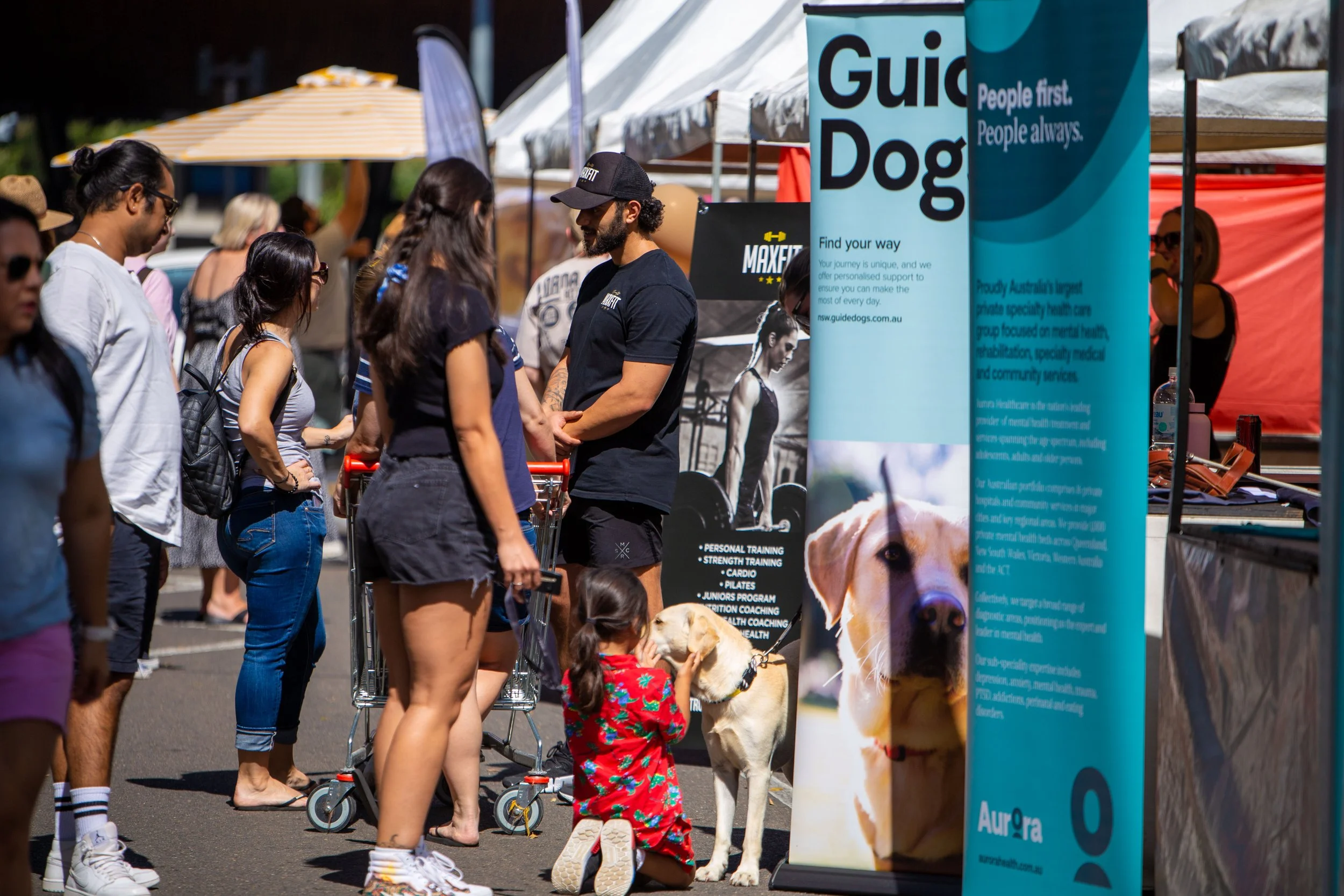 People waiting in line at an outdoor guide dog information booth, with a large shield and a Labrador guide dog puppy sitting on the pavement.