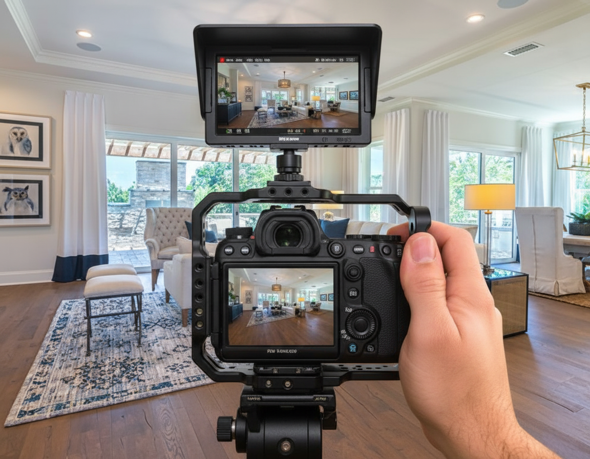 A person holding a camera with a screen showing the interior of a bright living room with large windows, white curtains, and modern furniture.