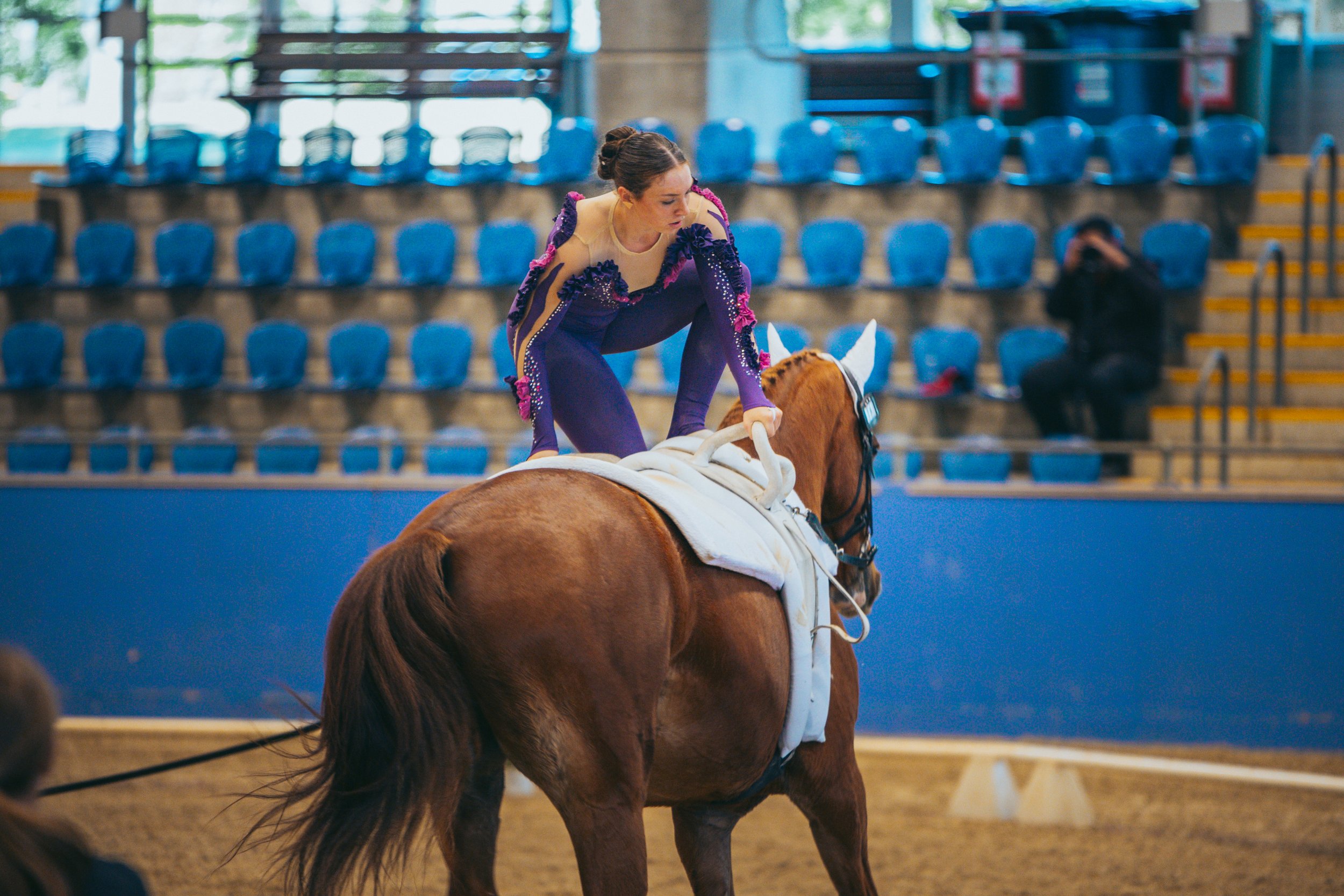 A female equestrian in purple and beige attire is mounting or adjusting on a chestnut horse with a white saddle in an indoor arena. There are blue seats and a person sitting with a camera in the background.