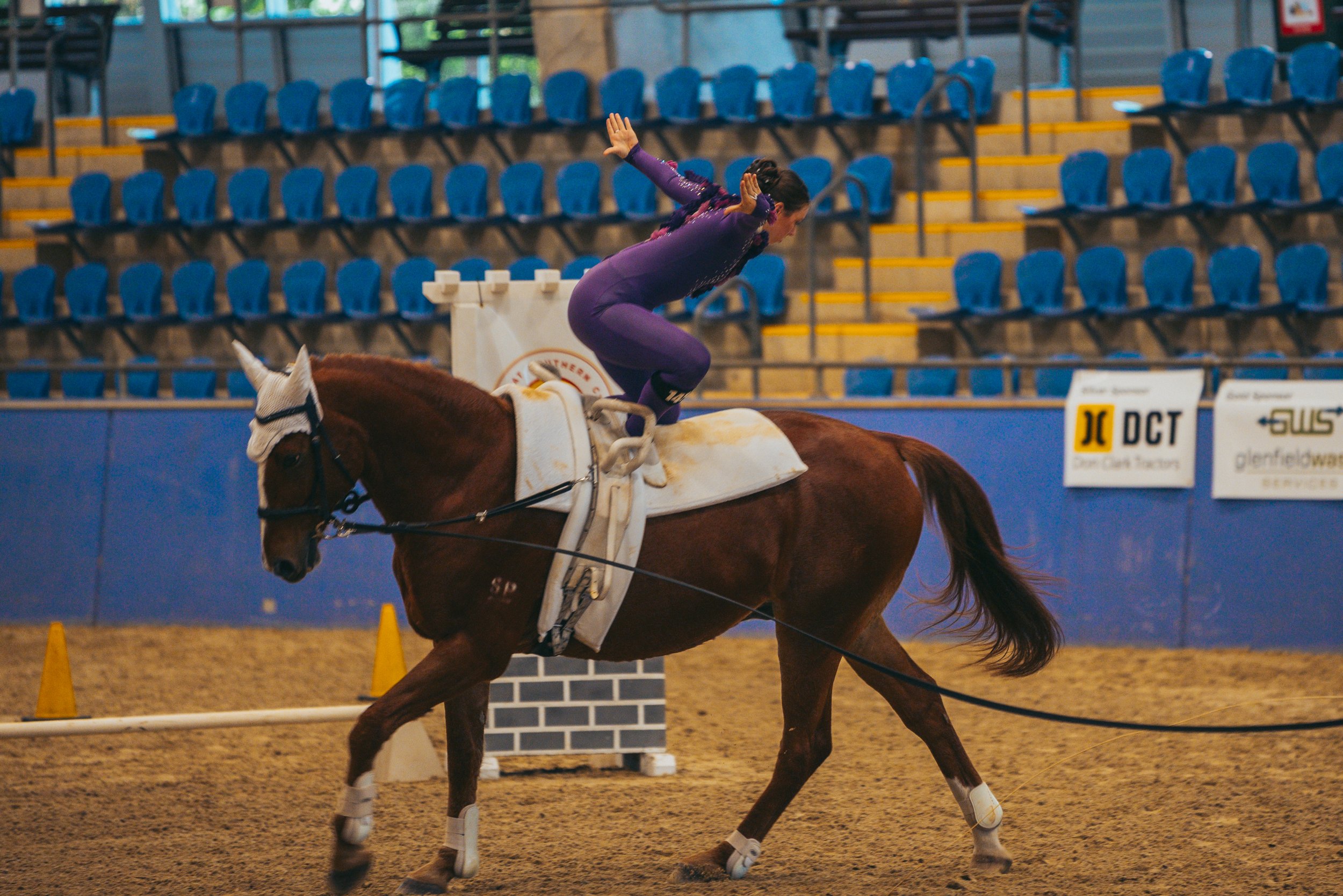 A female horse rider in purple attire balancing on a brown horse during an indoor equestrian event, with blue stadium seats in the background.