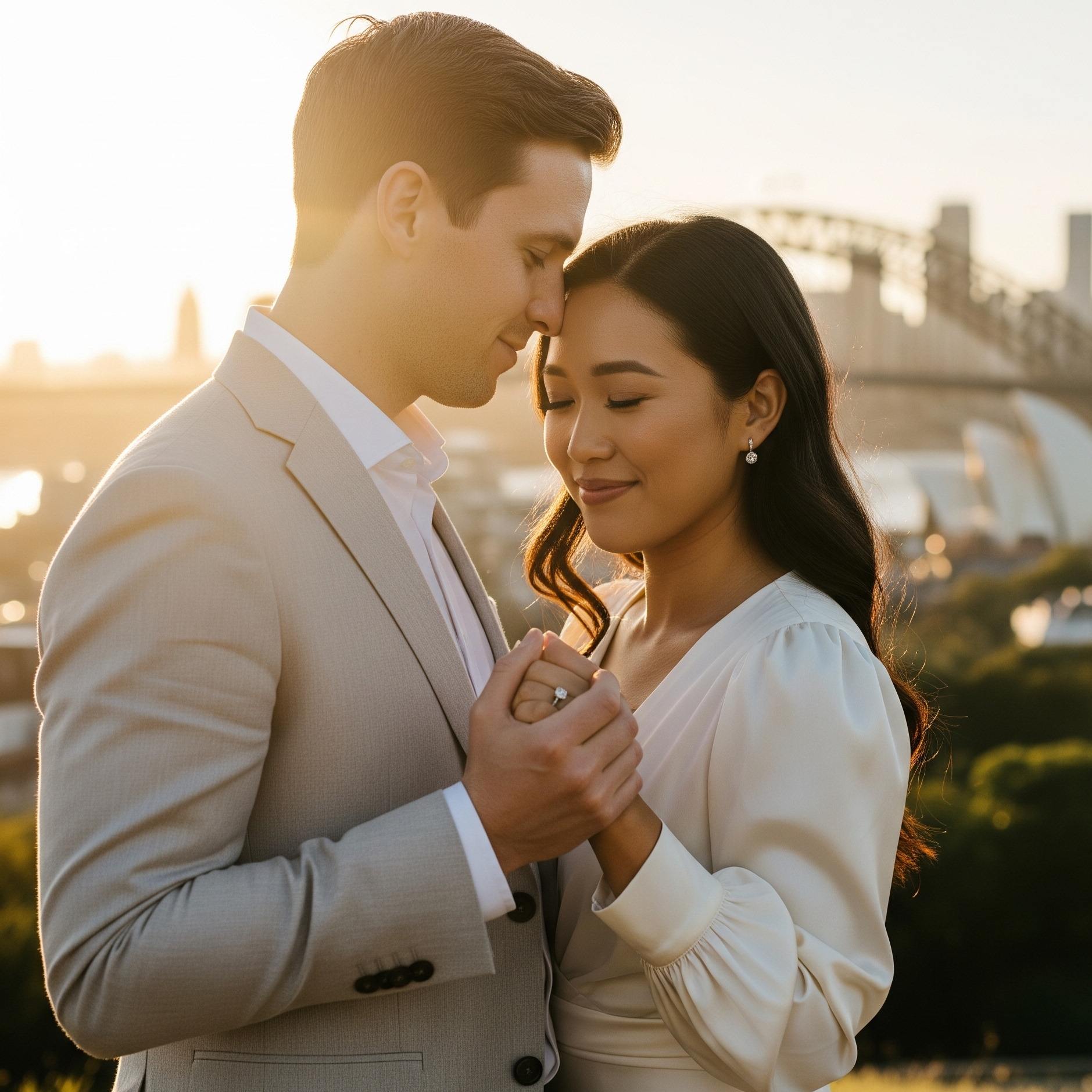 A man and woman holding hands with foreheads touching, smiling softly, at sunset with cityscape and bridge in background.
