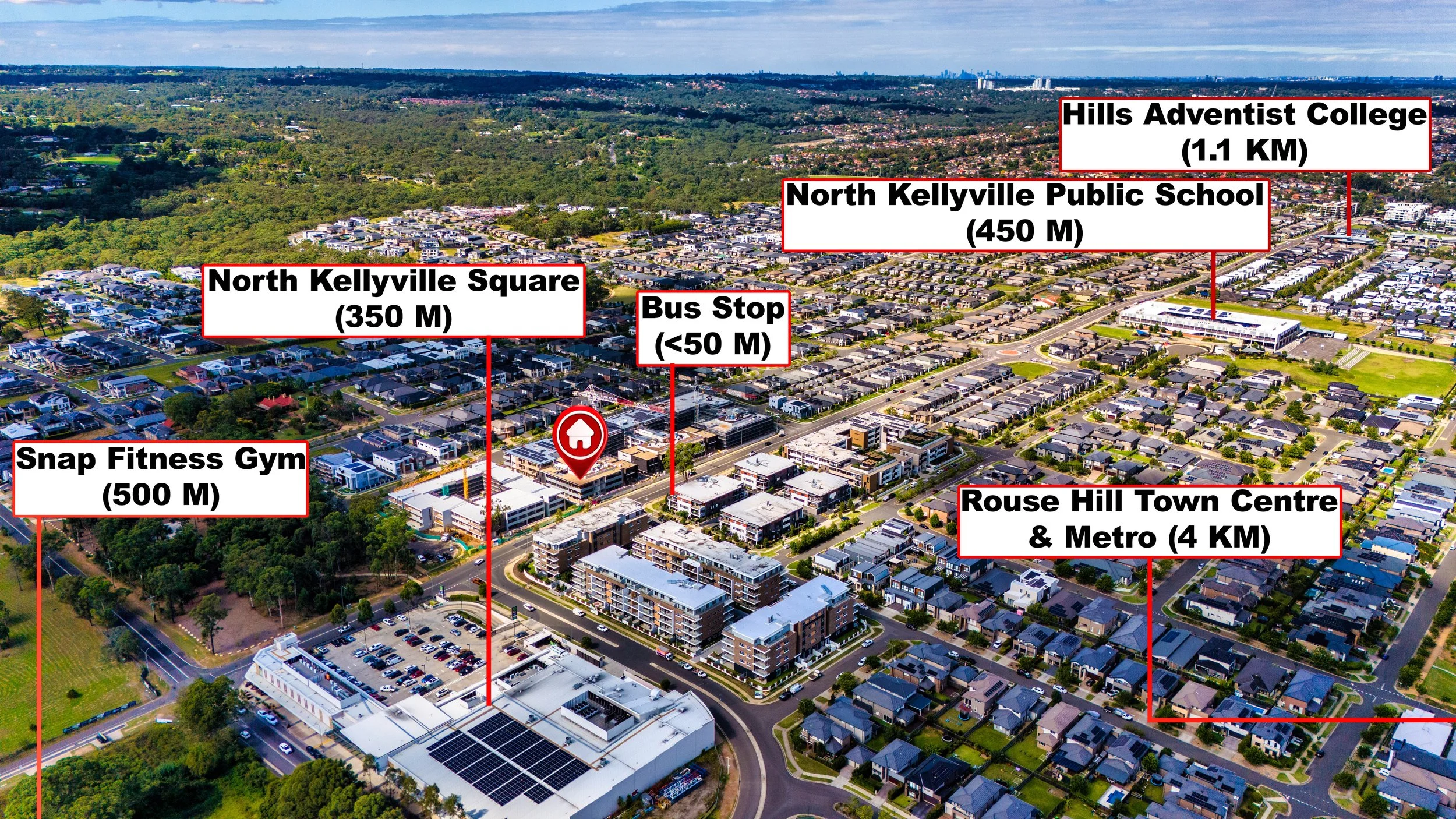 Aerial view of a suburban neighborhood with various landmarks labeled, including North Kellyville Square, a bus stop, North Kellyville Public School, Hills Adventist College, Rouse Hill Town Centre & Metro, and Snap Fitness Gym, with distances in met