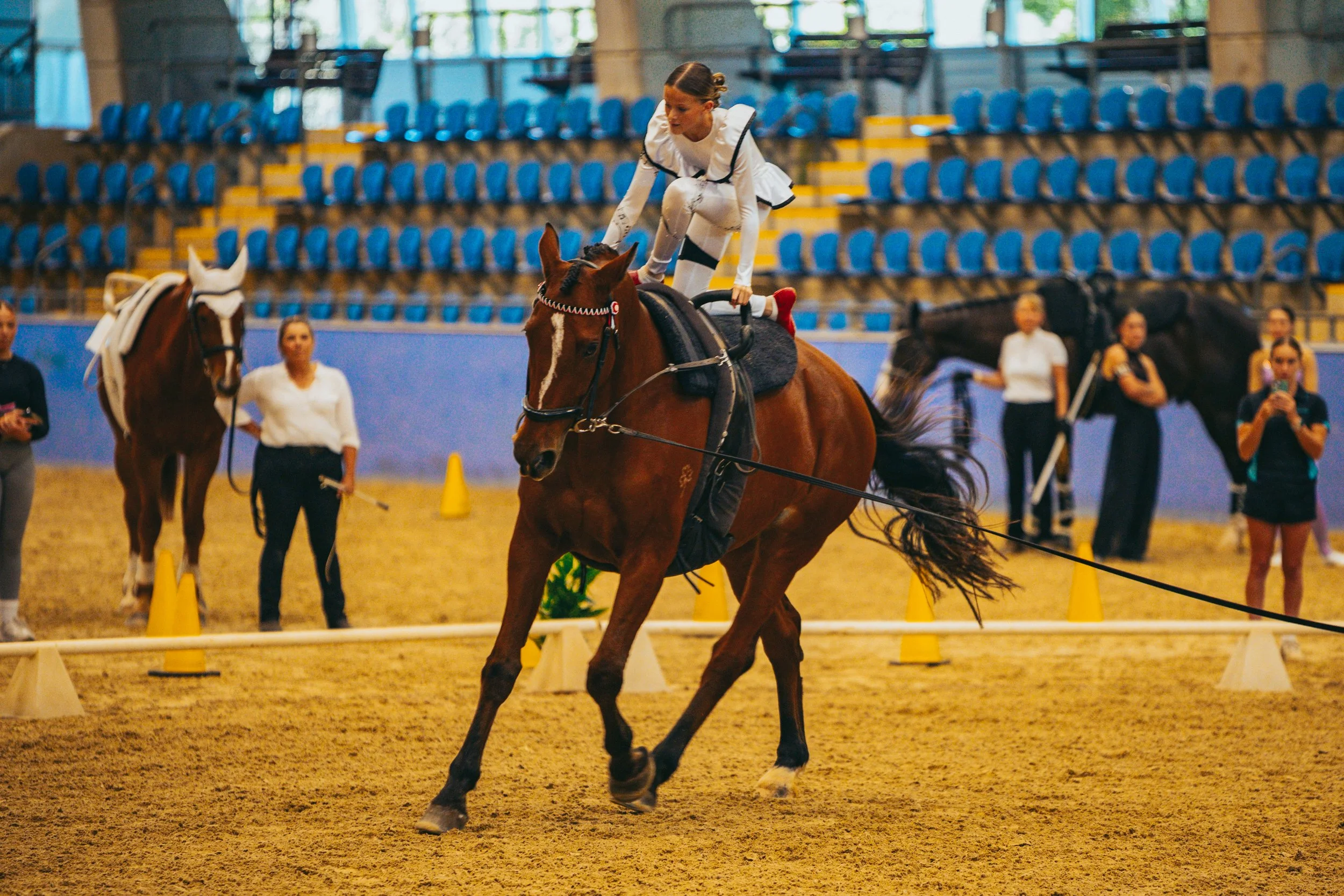 A woman in equestrian attire practicing trick riding on a brown horse inside an indoor arena with blue chairs and several onlookers.