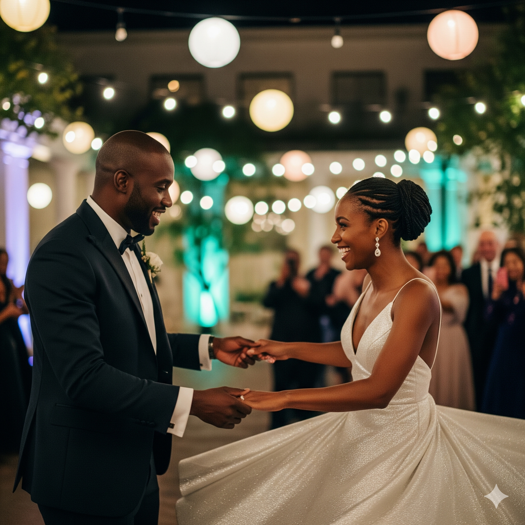 A newlywed African American couple dancing and smiling at their wedding reception, with guests in the background.