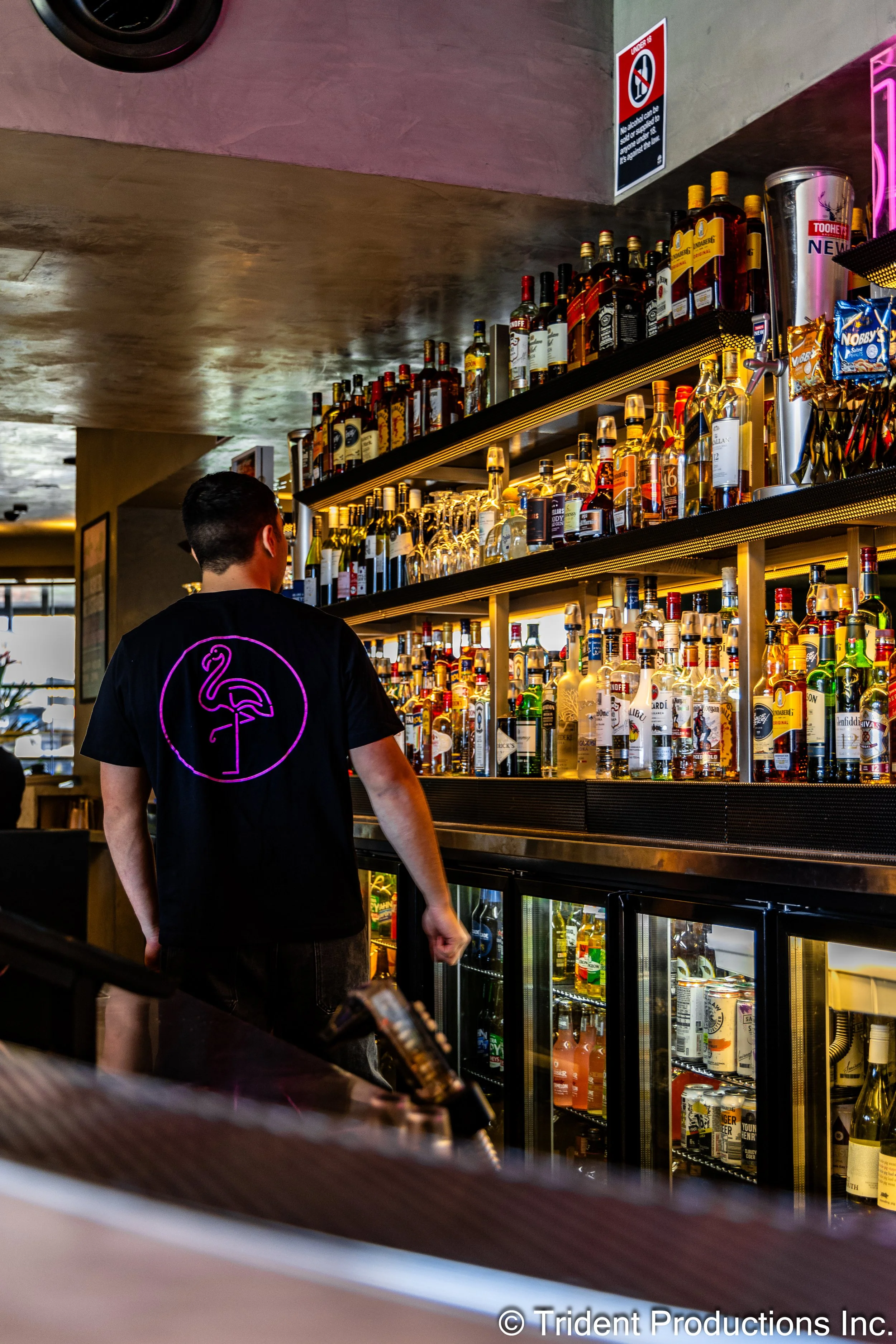 A man standing in front of a well-stocked bar with bottles of liquor and wine on shelves, wearing a black t-shirt with a neon pink flamingo logo on the back, in a modern, dimly lit bar or restaurant.