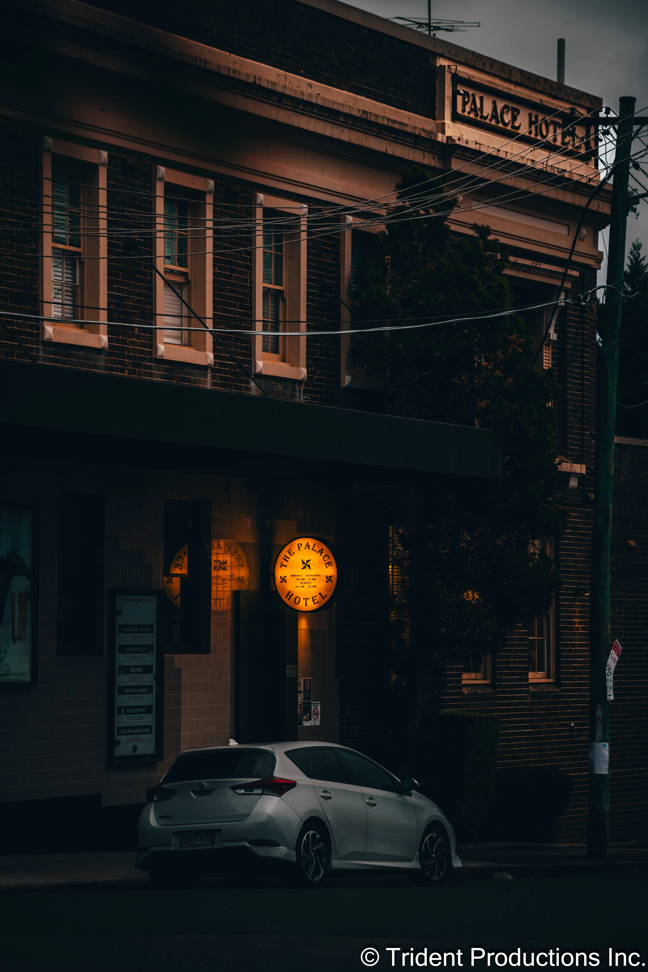 Nighttime street view of a brick hotel building with a lit sign reading 'The Palace Hotel' above the entrance, and a silver car parked in front.