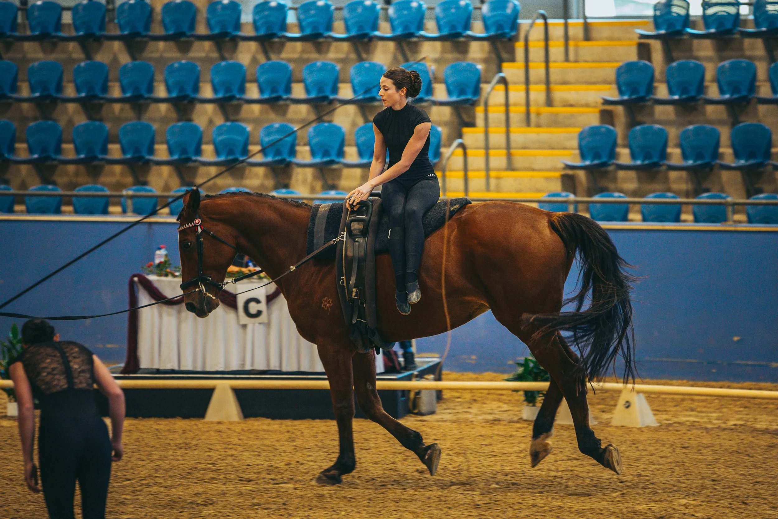A woman riding a brown horse indoors with blue empty seats in the background.