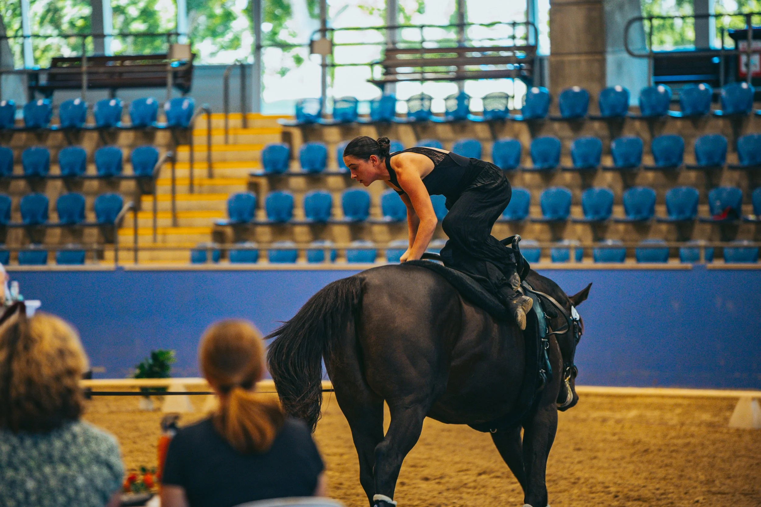 A woman in black riding attire balancing on a dark horse inside an indoor arena with empty blue seats.