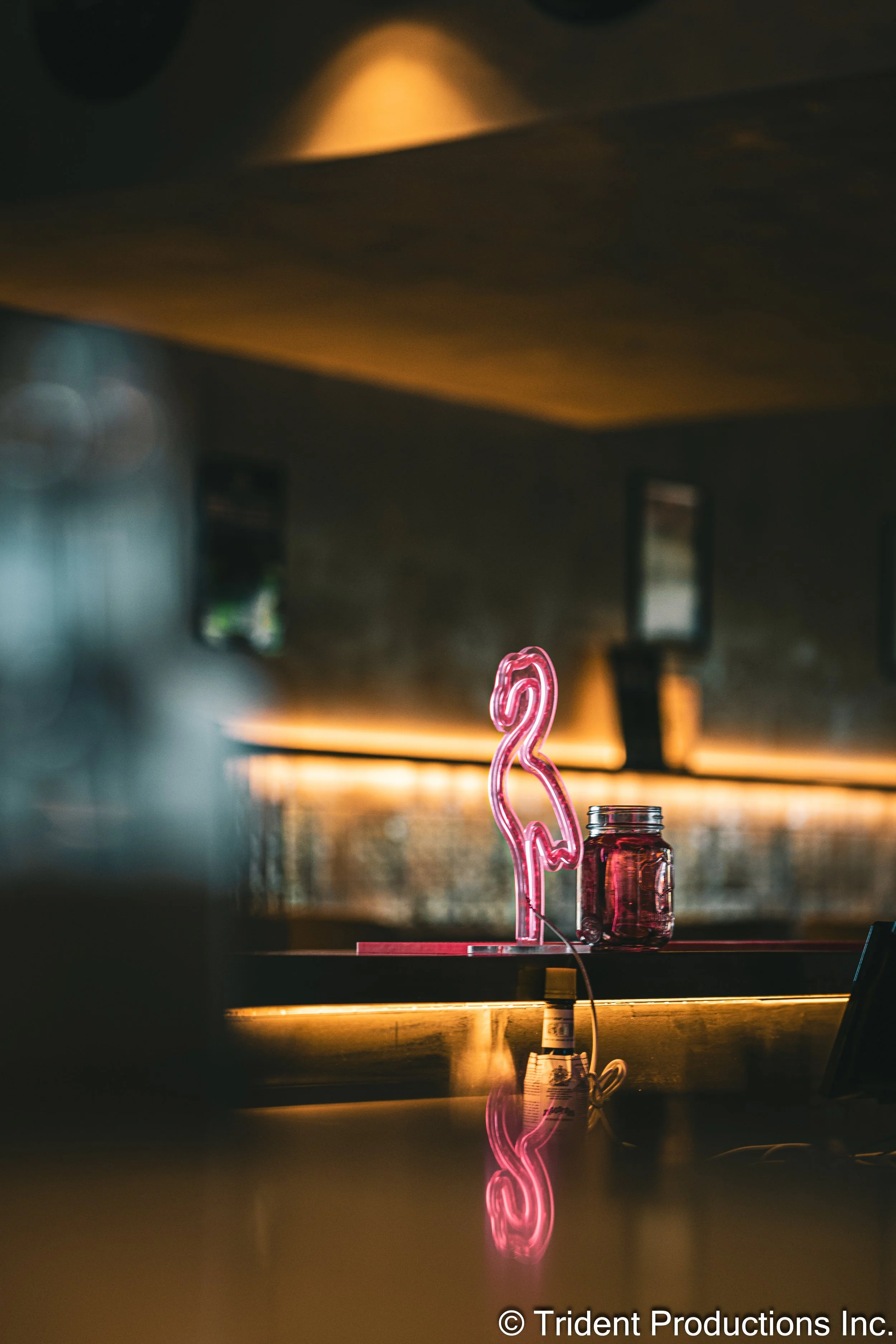 A neon flamingo sign on a bar counter, with a glass jar behind it and a warm, dimly lit background.