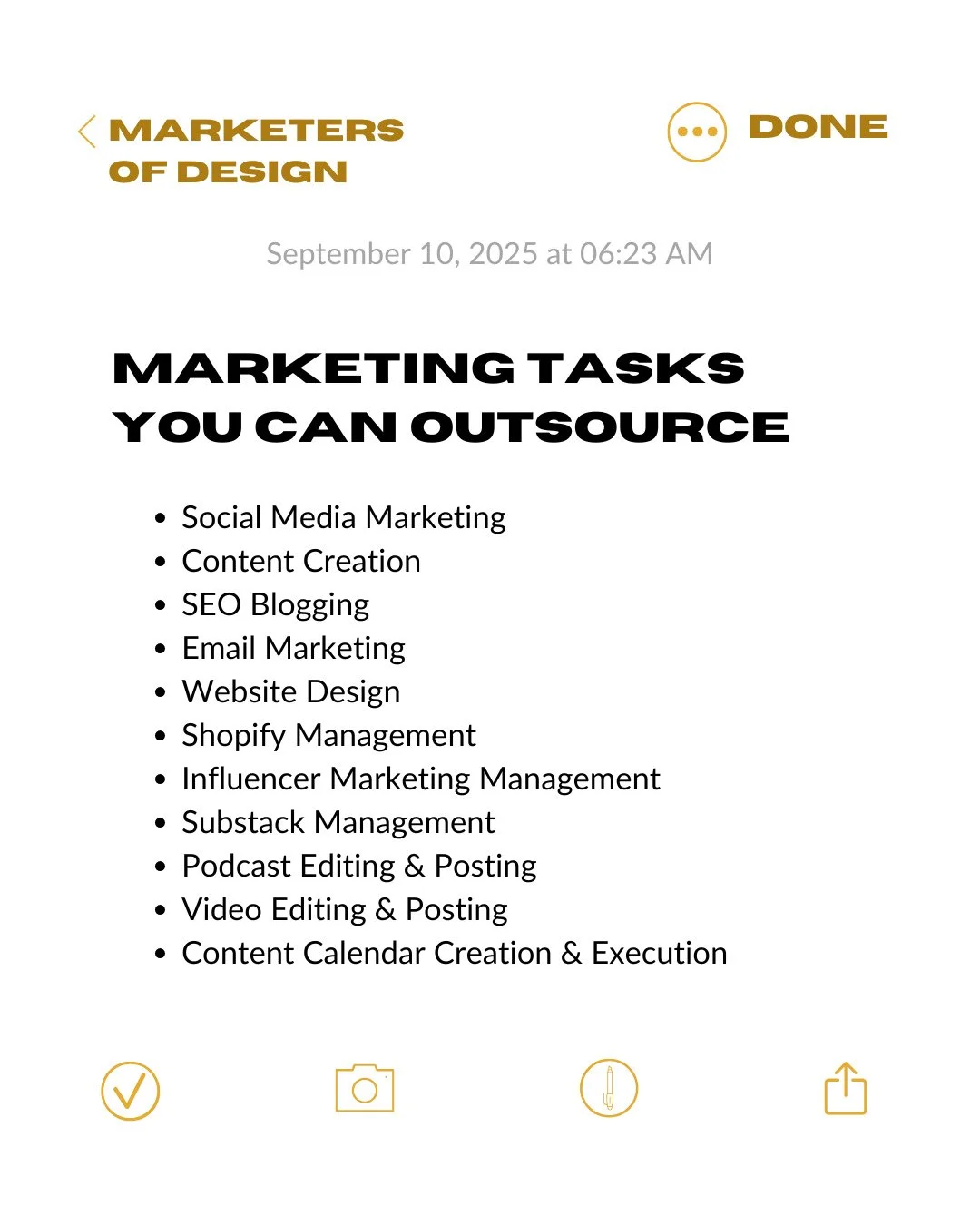 You don't have to do it all yourself.⁠
⁠
Save your time for running your business, and let us handle the rest. Ready to check these off your to-do list?⁠
⁠
#marketing #marketingagency #mod #designindustries #design #marketersofdesign