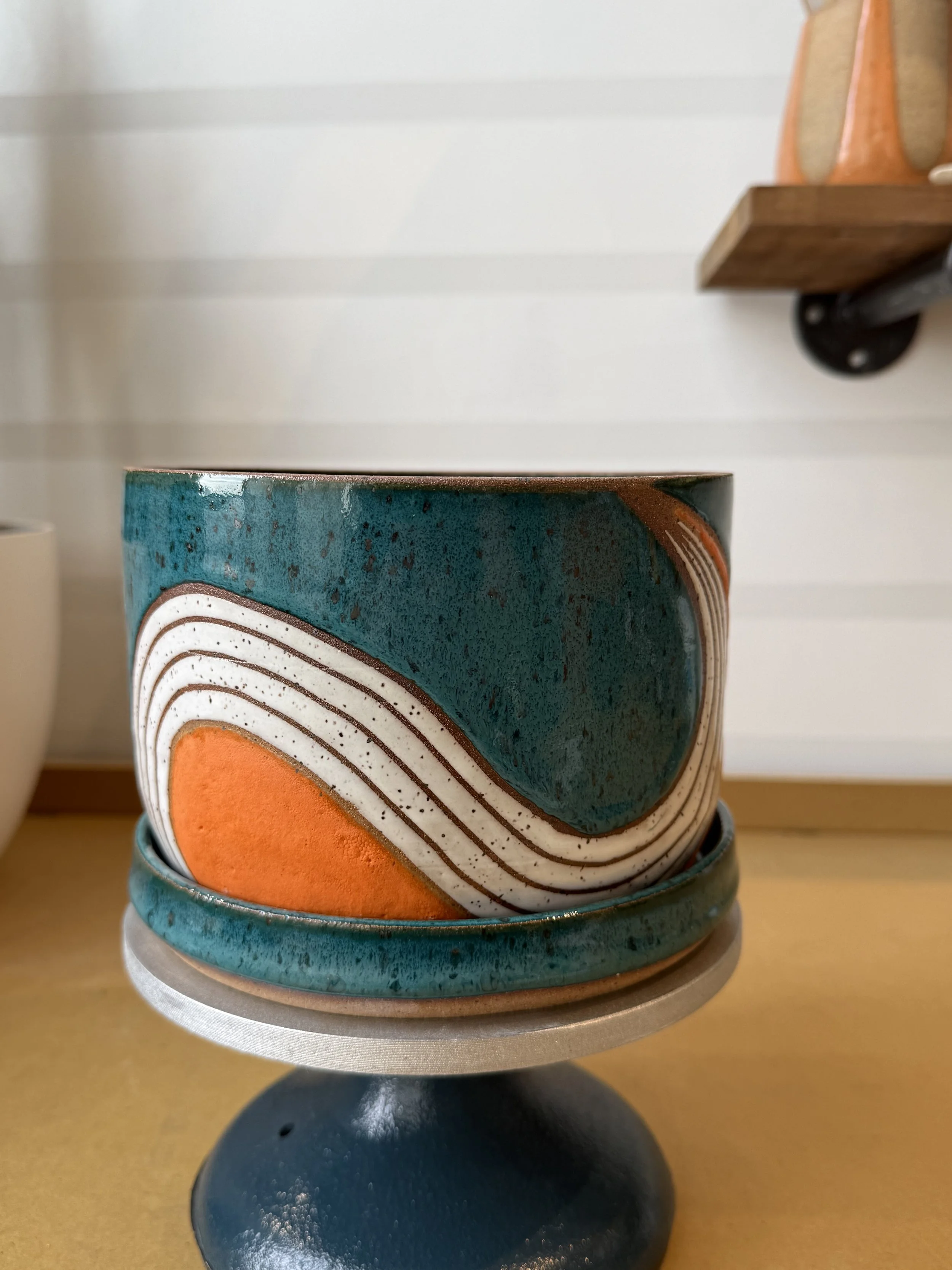 Plant Pot - Turquoise/Orange/White (with drip tray