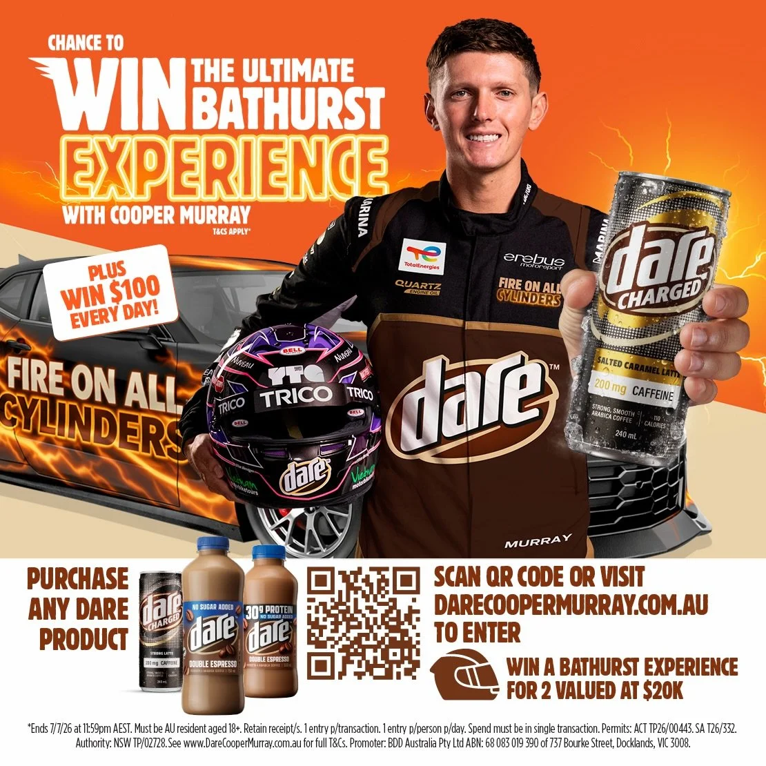 @dareicedcoffee is giving away the Ultimate Bathurst Experience for you and a mate, worth 20k! Buy any Dare from any store in Australia, grab your receipt and enter online at www.darecoopermurray.com.au to go into the draw 🎟️
