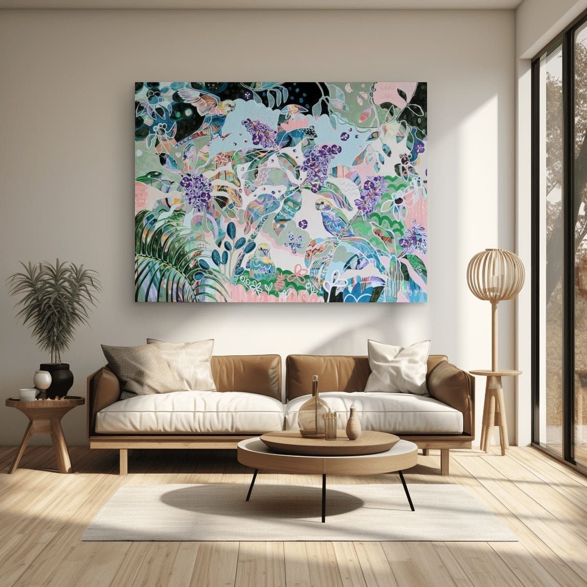 intriguing bird paintiing hanging above a brown leather couch.jpg