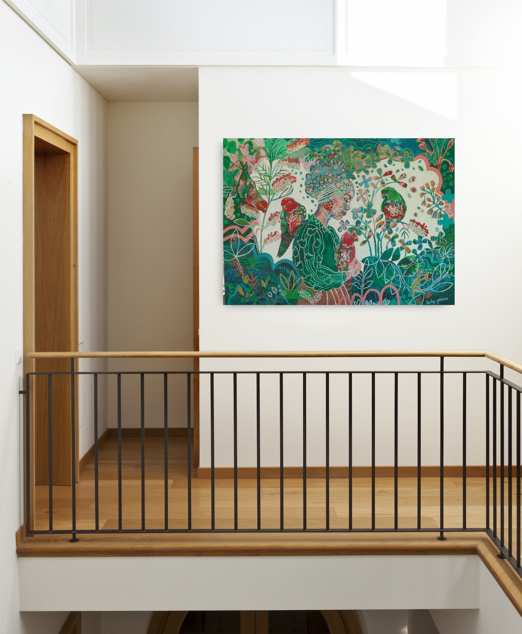 "Girl holding king parrot detail, contemporary Australian nature painting by Lesley Gibbons