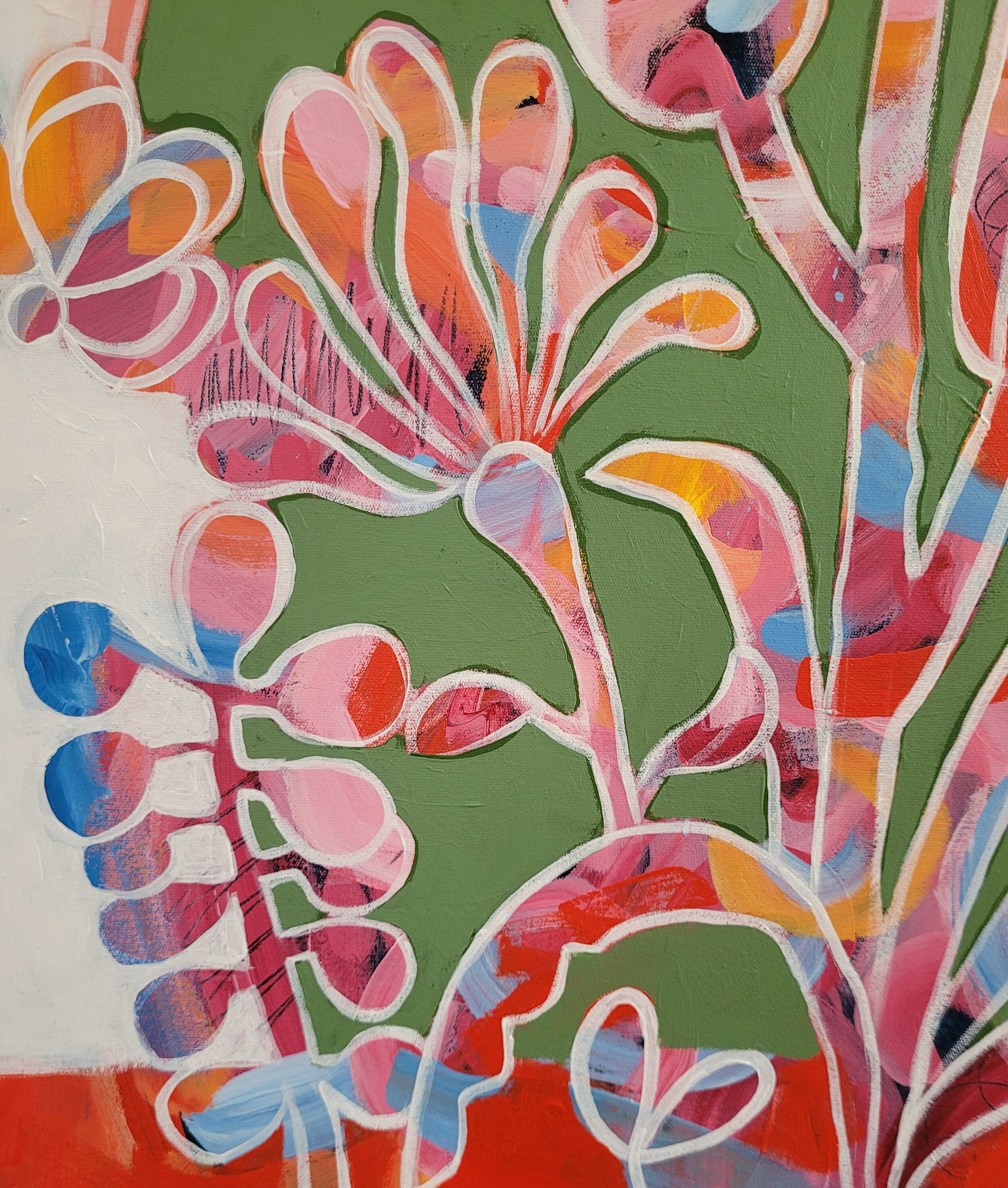 close up view of colourful flowers and olive green coloured background