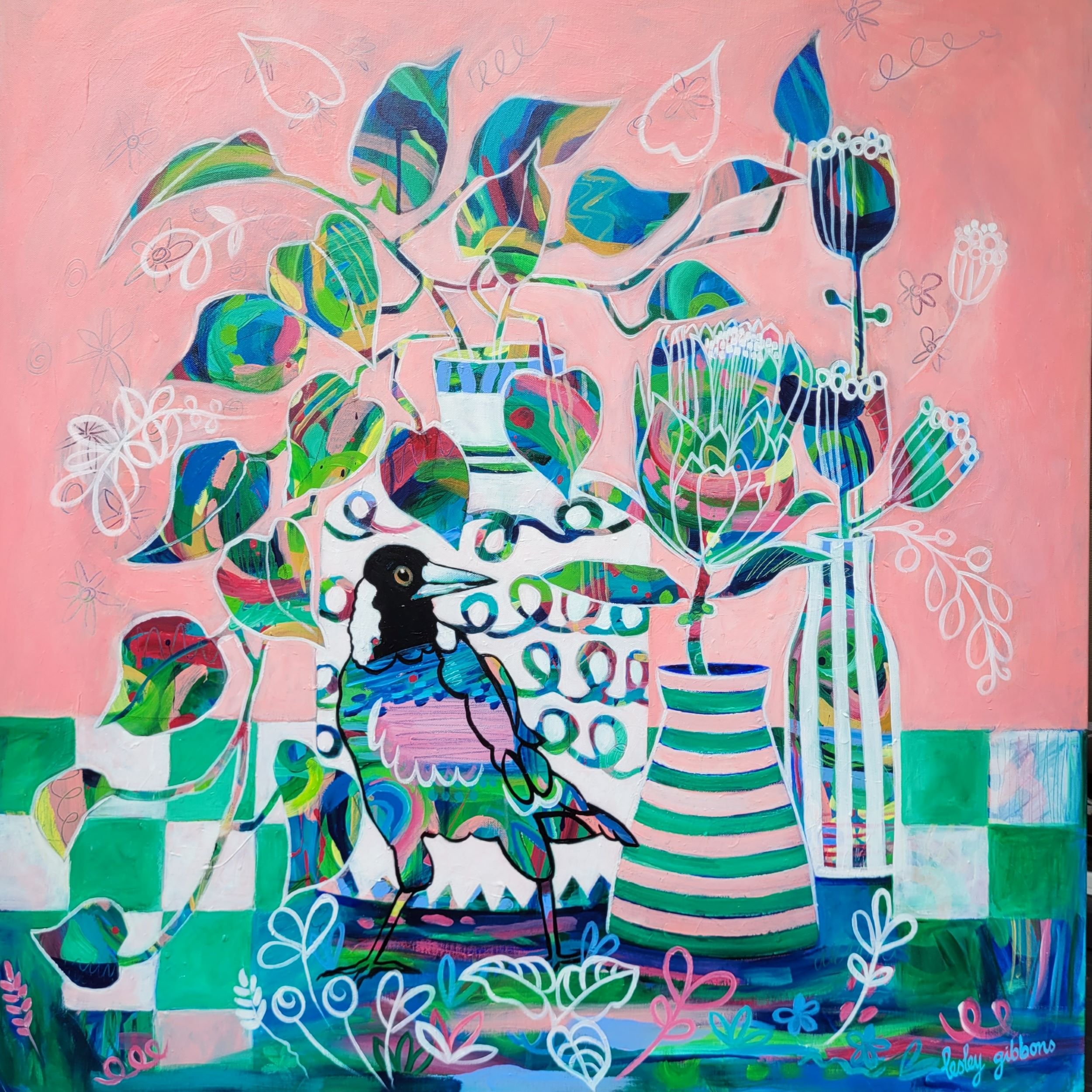 vibrant coloured painting in magenta, pink and emerald green of a magpie with plants in a vase