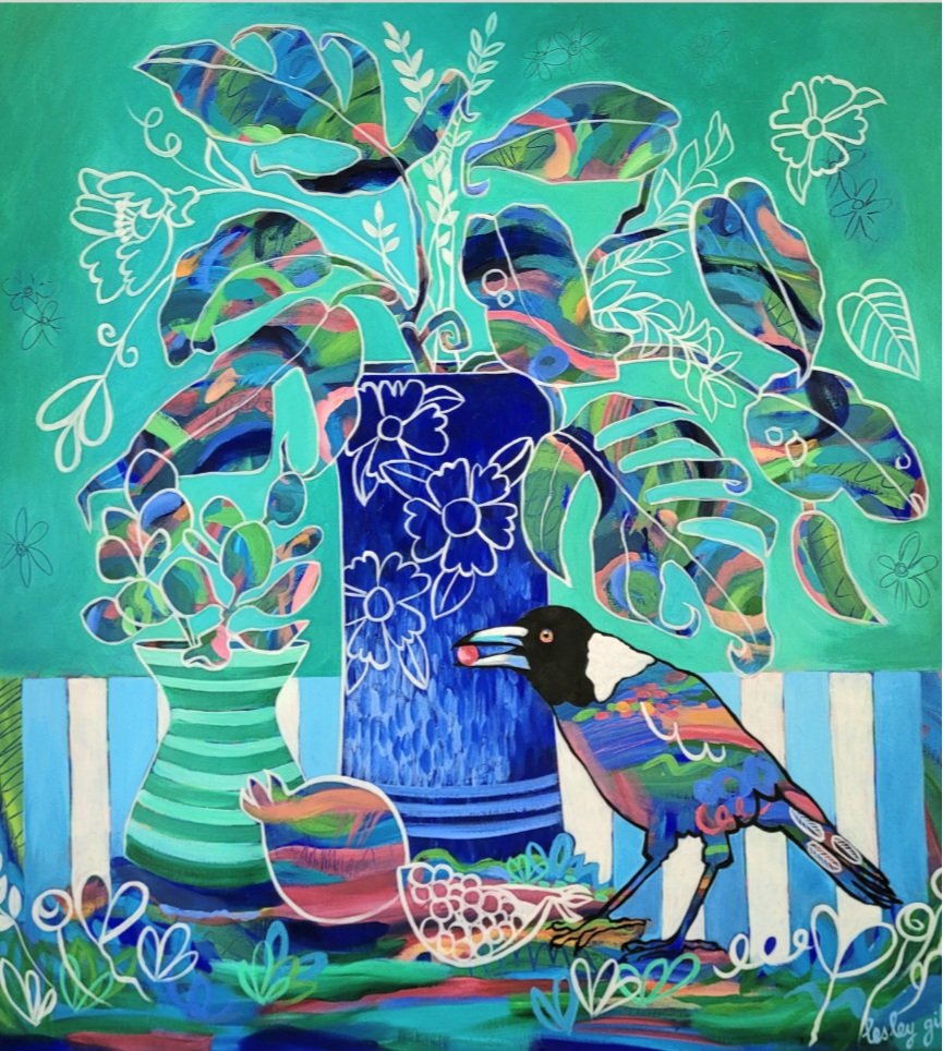 Original canvas painting of a Magpie in a still life setting of a blue vase with green leaf vines and pomegranat