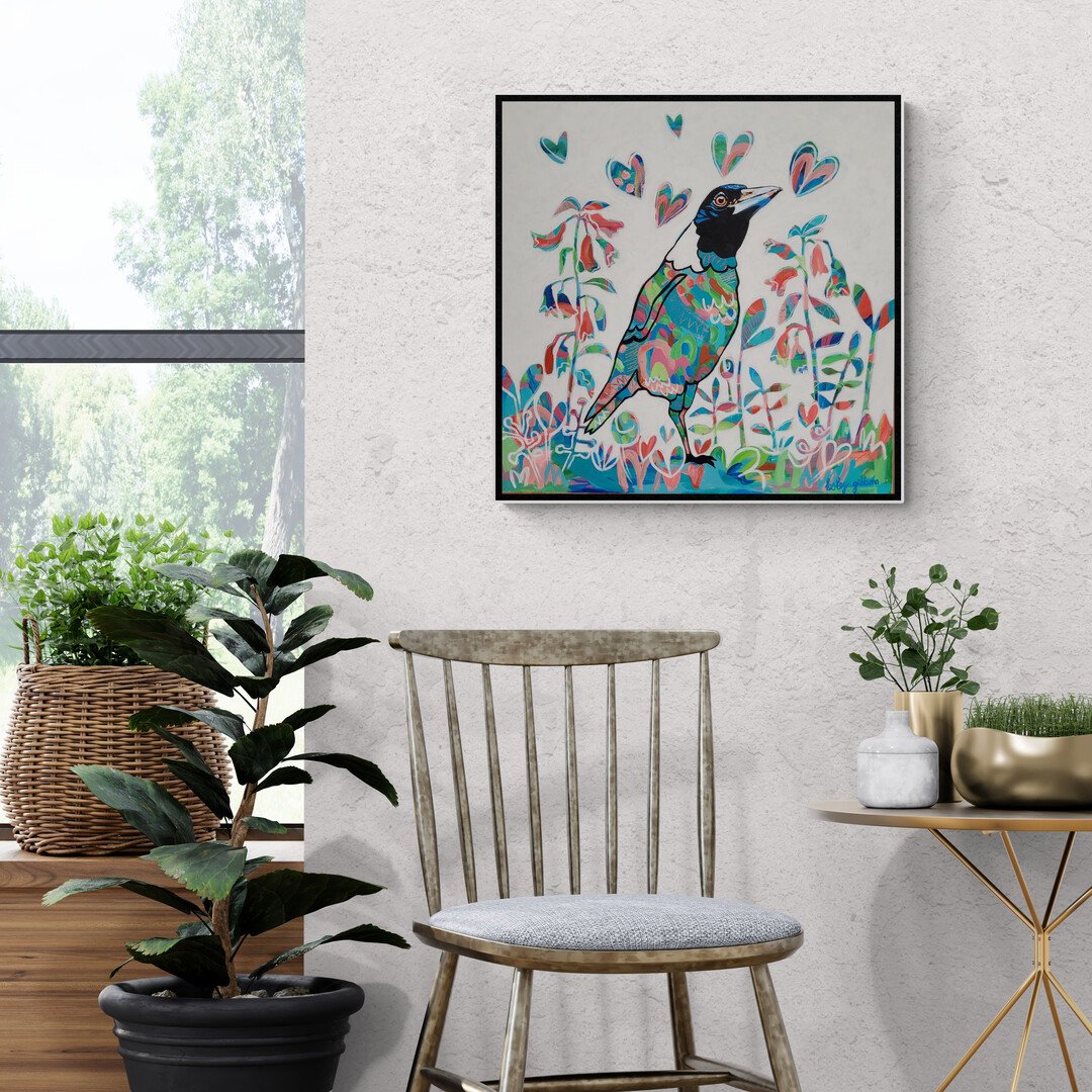Sitting_room_with_plants and colourful magpie in a garden painting.jpg