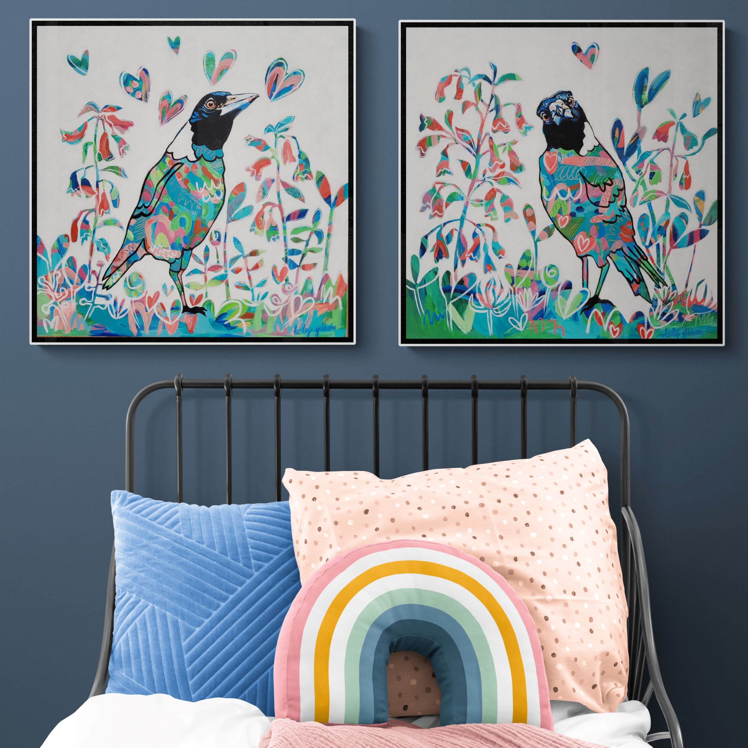 V2-Colorful_kids_bed_with_cushions and two unique magpie paintings colourful gardens.jpg
