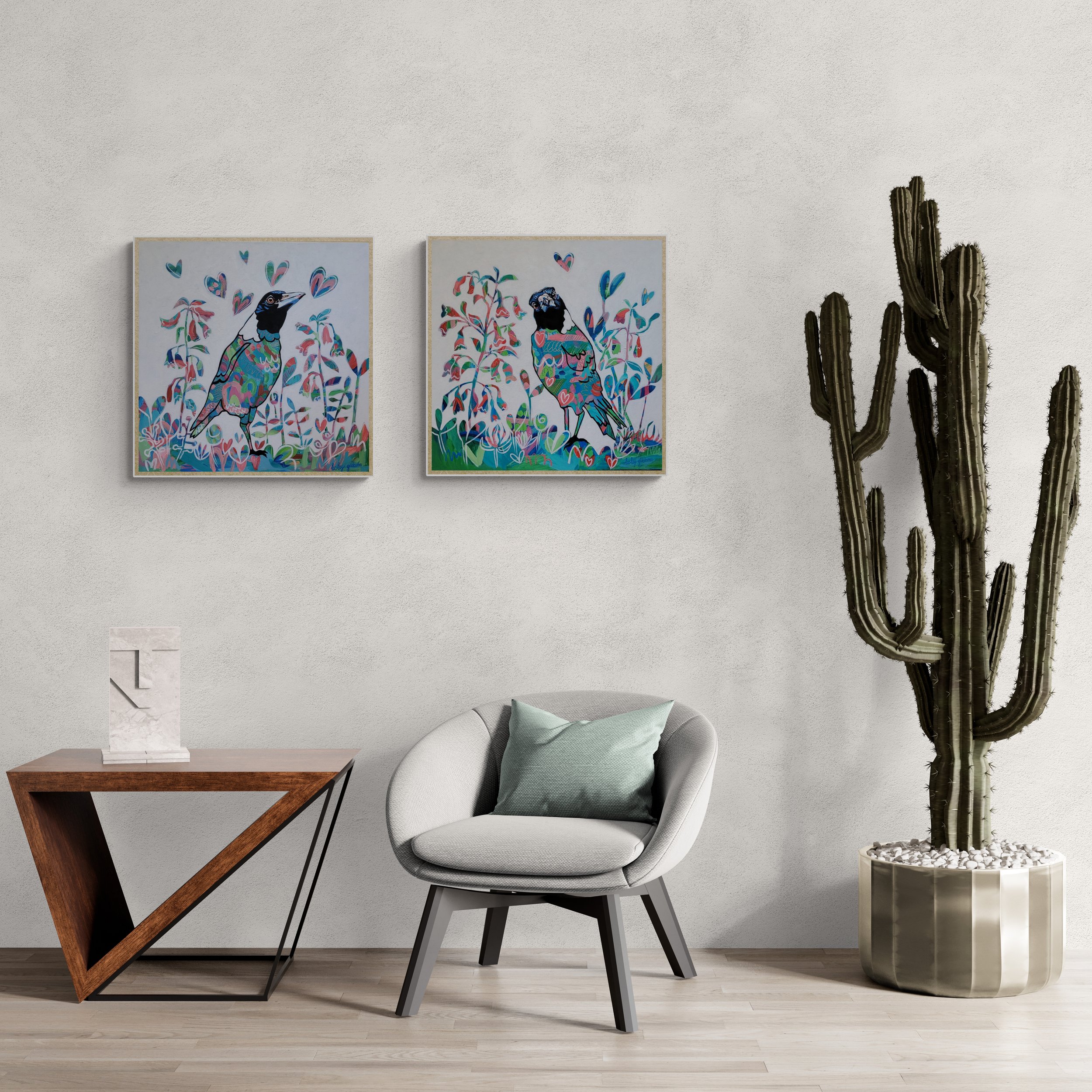 Original magpie painting inLiving_room_with_large_cactus_plant.jpg