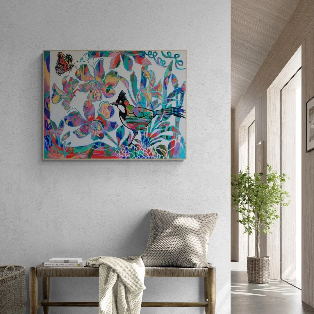 Feature_wall_in_boho_living_room with colourful whip bird and vibrant flowers painting (2).jpg