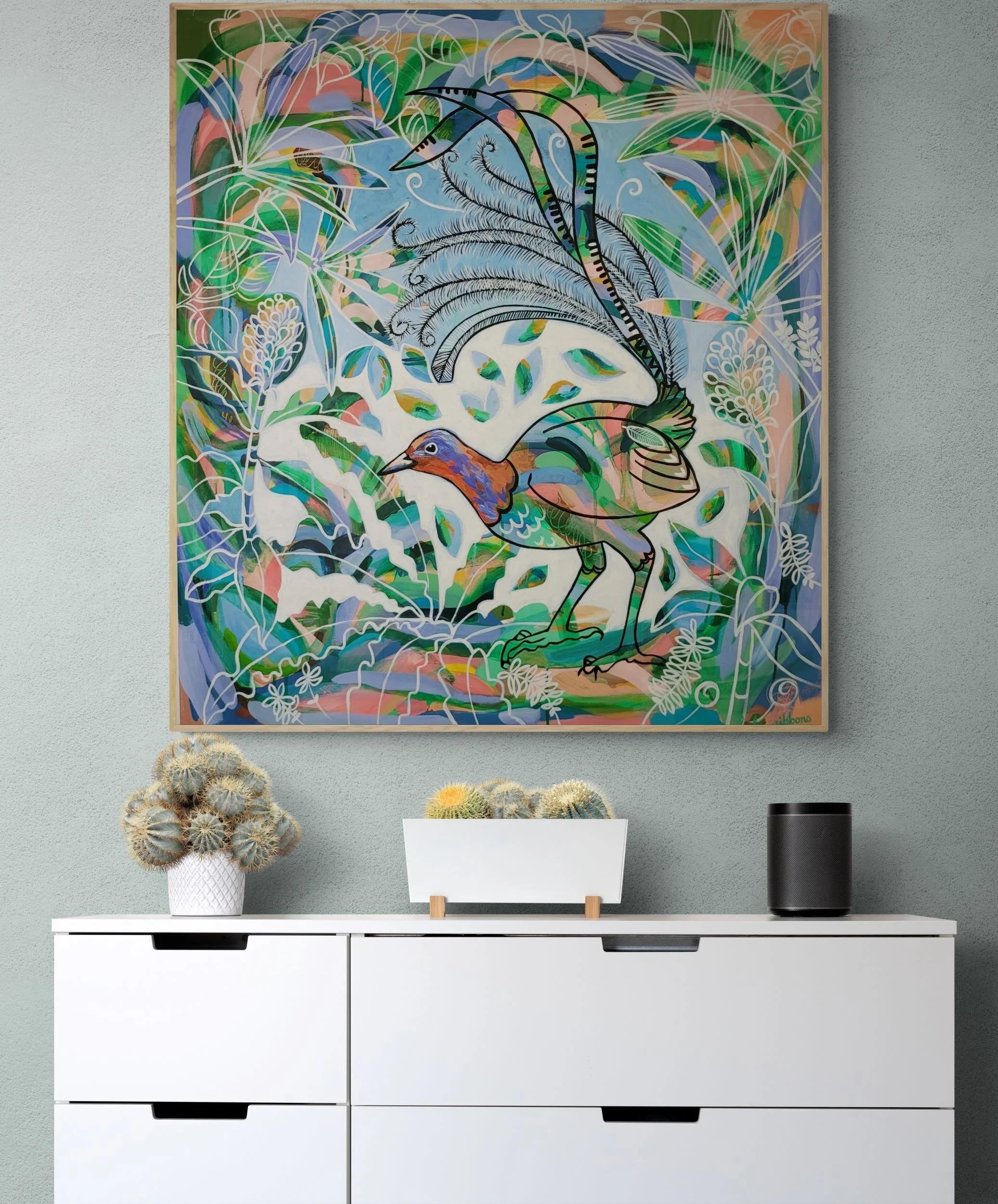 unique Australian bird painting with Cactus_plants_on_white_cabinet.jpg