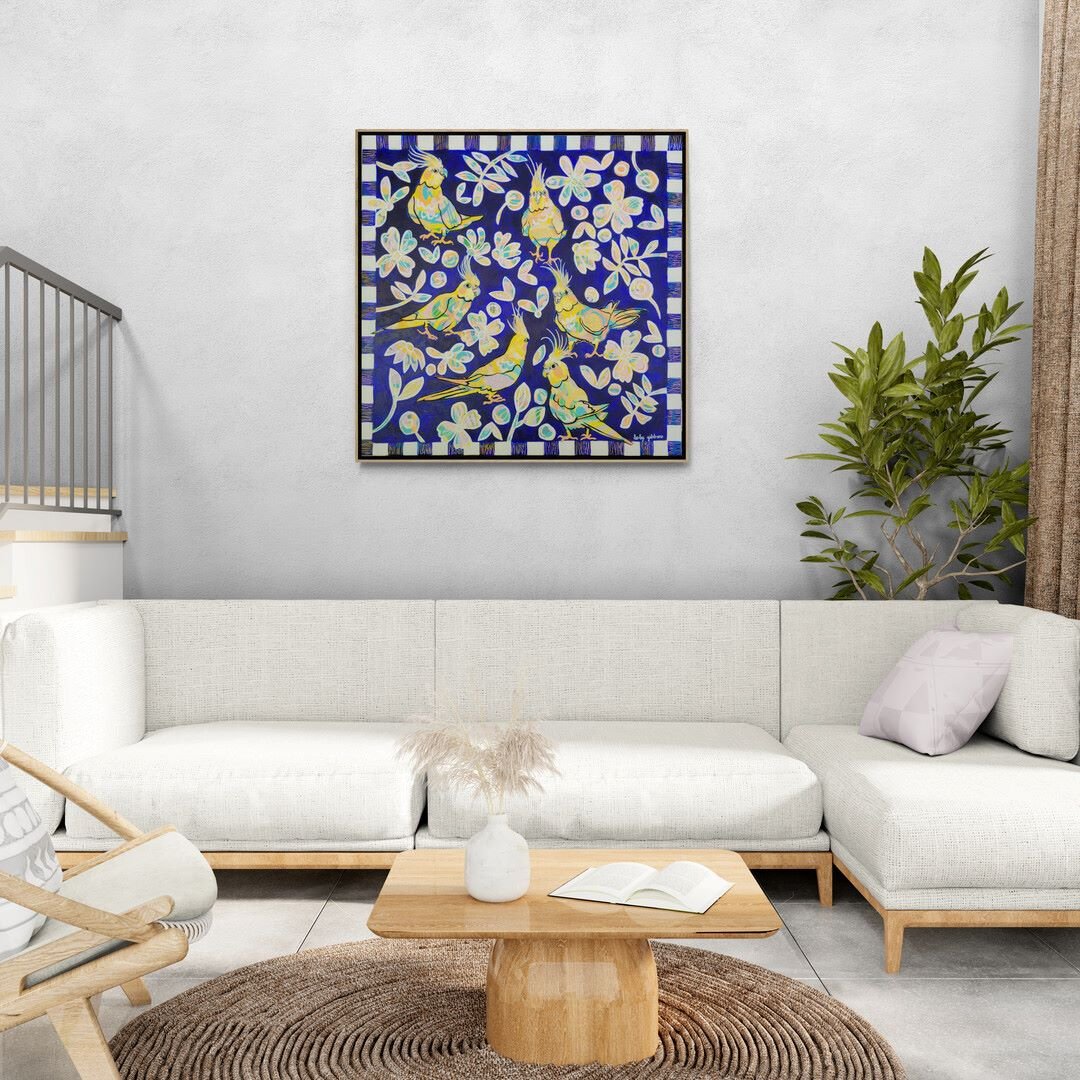 V2 A bright painting of A group of yellow cockatiels in Living_room_with_sofa_and_leafy_plant.jpg