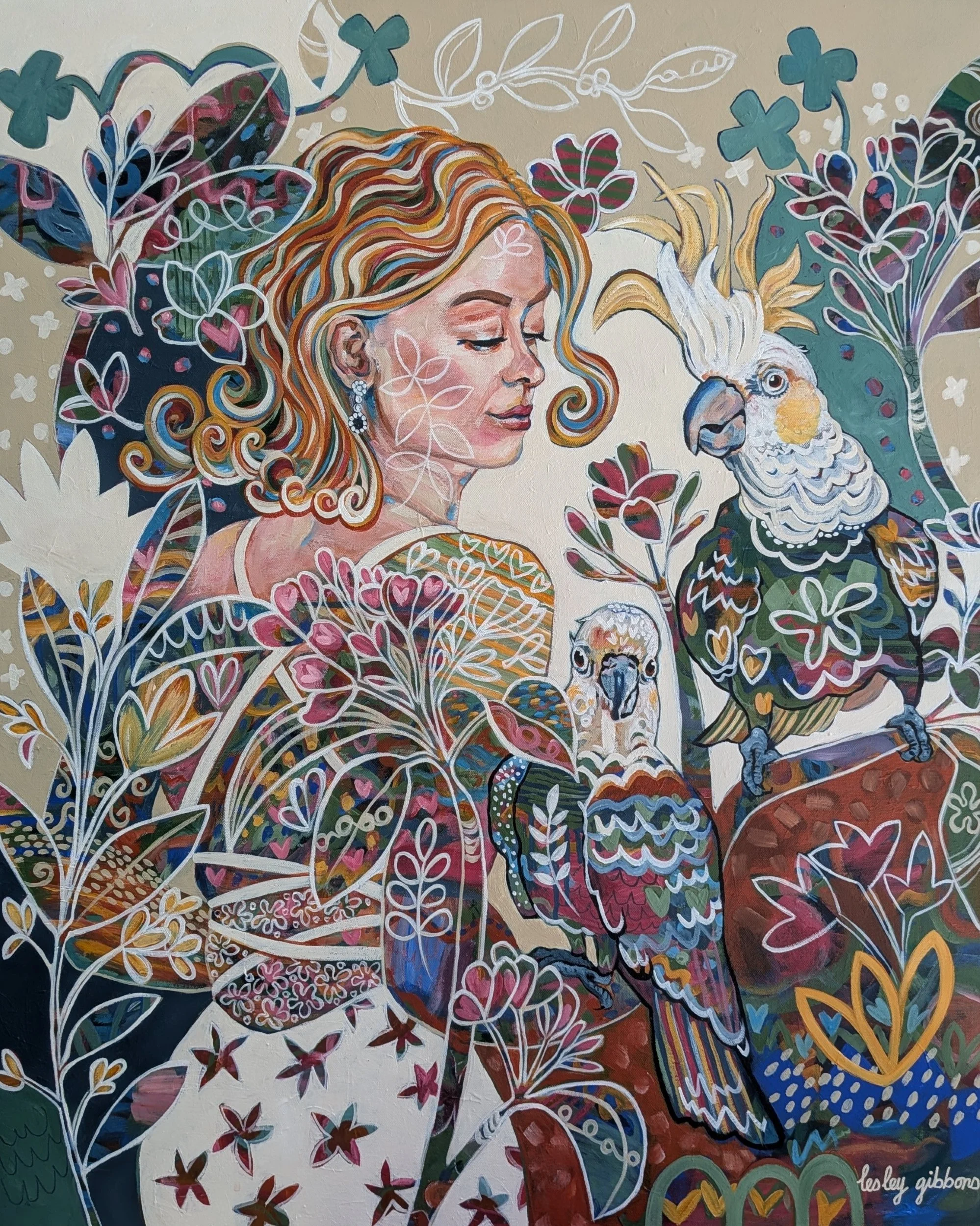 woman-holding-sulpha-crested- cockatoos- garden- setting- original- abstract- lesley- gibbons.jpg