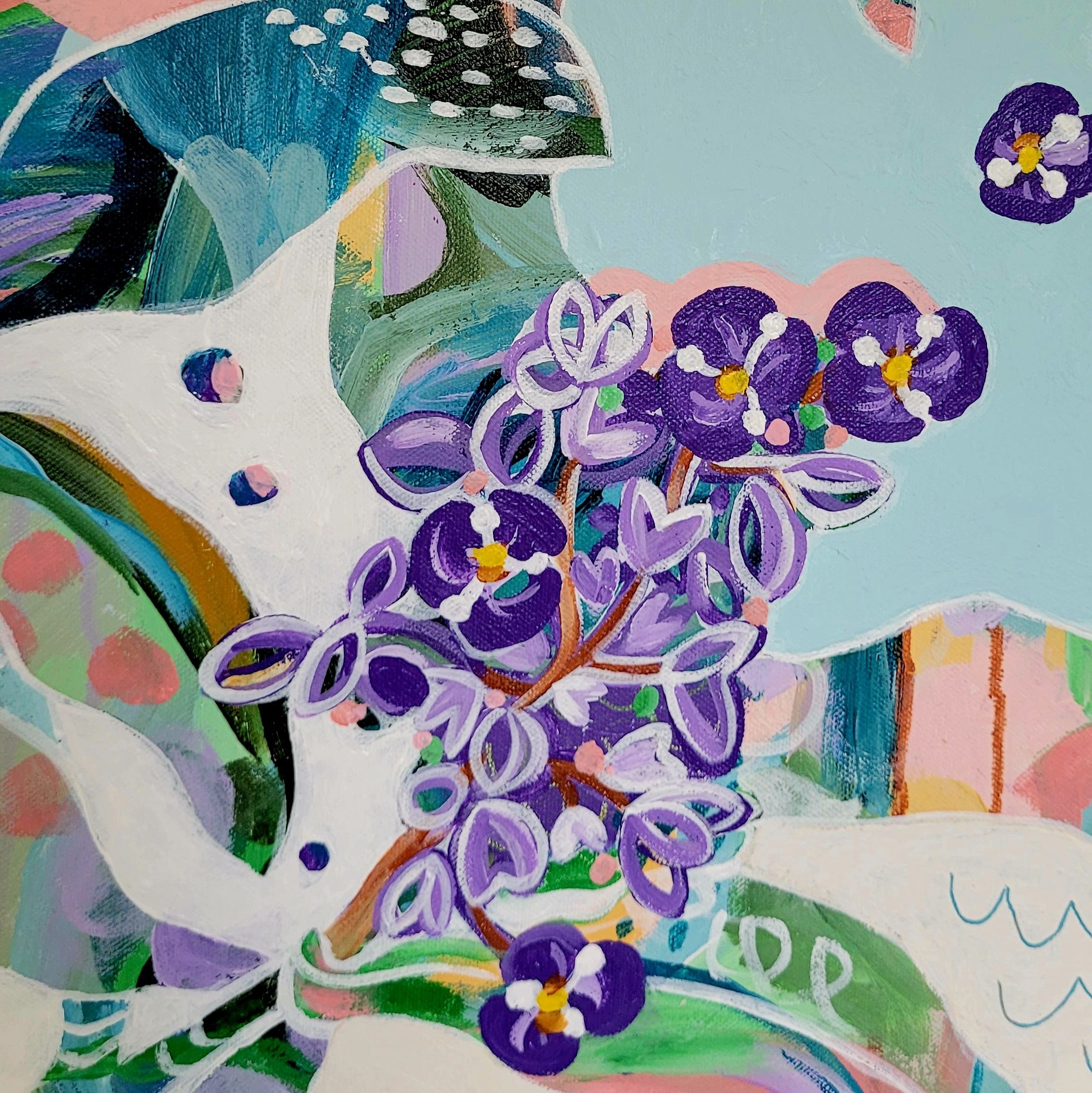 close up details of flowers in botanical bird painting on canvas.jpg