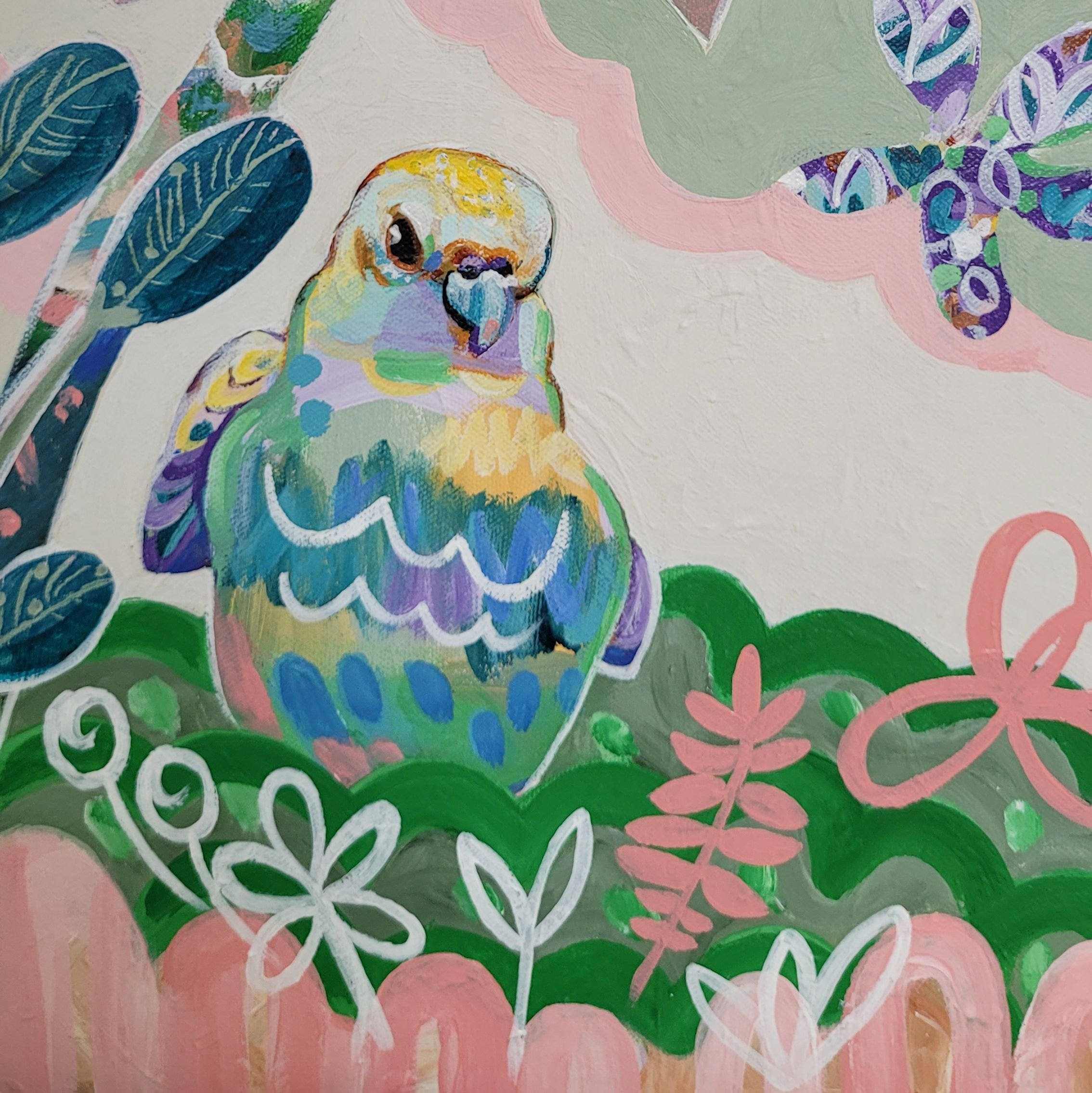 joyful expression on colourful bird in painted landscape.jpg