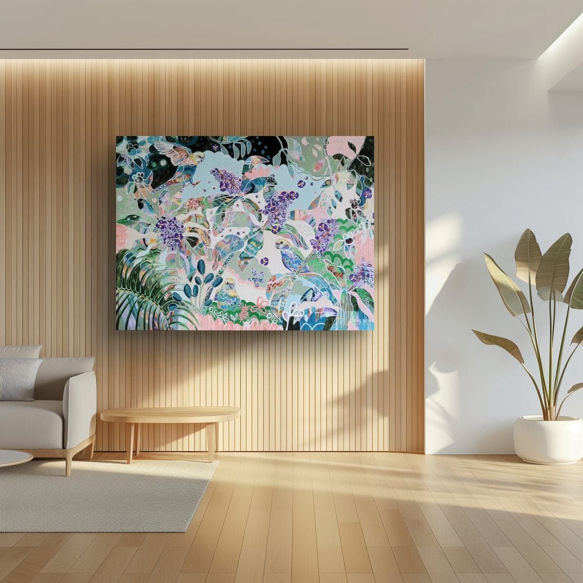 large colourful bird painting hanging in large room.jpg