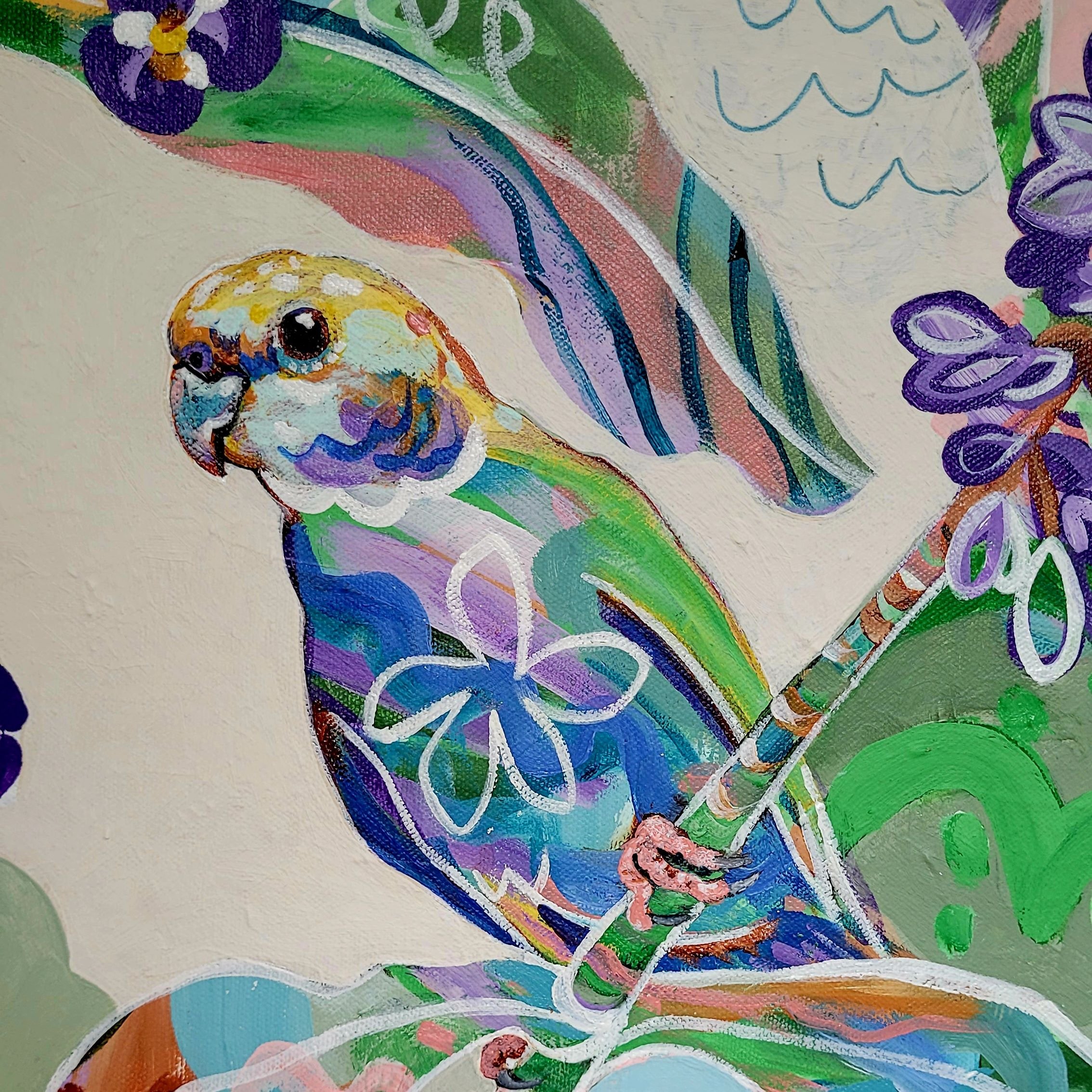 pale headed rosella sitting on a branch in tree in colourful painting.jpg