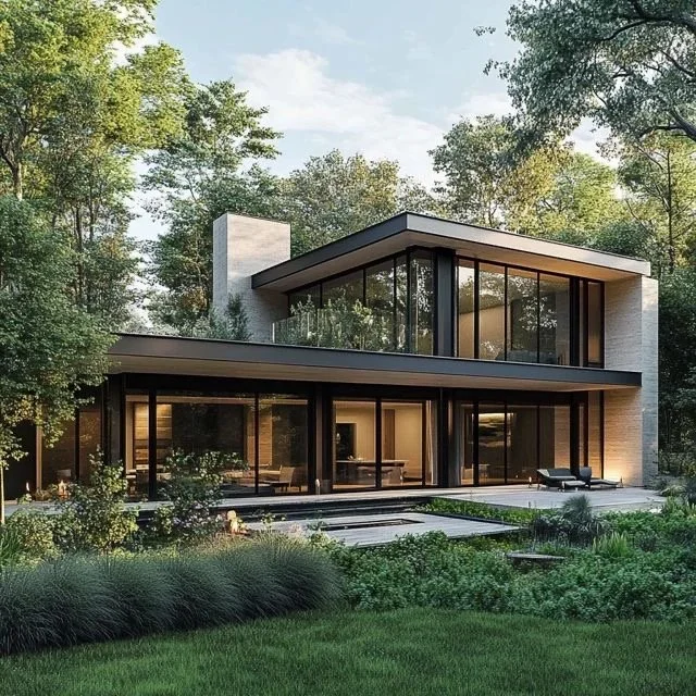 Modern two-story house with large glass windows, white exterior, surrounded by lush greenery and tall trees, during daytime.