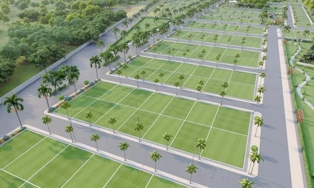 Aerial view of a large residential or commercial development with multiple empty rectangular green lots separated by paved roads and lined with palm trees.