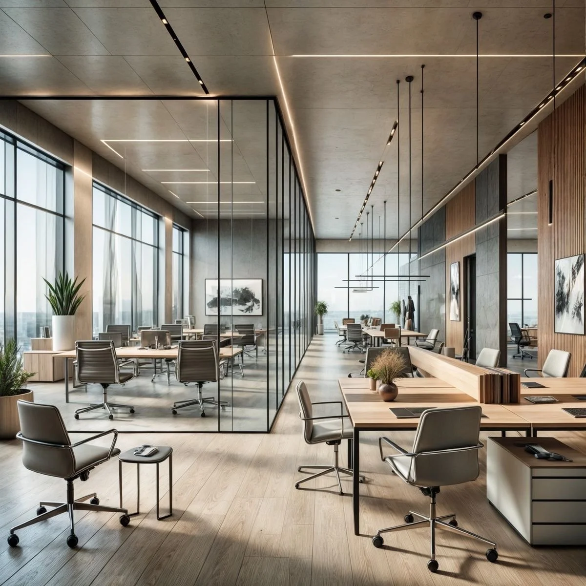 Modern office space with glass partitions, wooden floors, large windows, and various desks and chairs, decorated with plants and framed artwork.