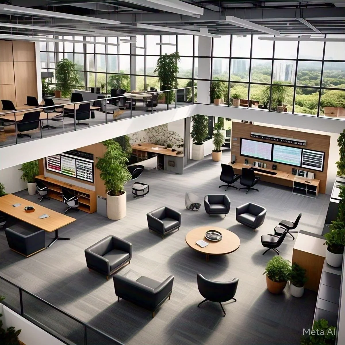 Modern open-plan office with glass walls, natural light, plants, multiple workstations, a lounge area with black armchairs, and large screens displaying data.